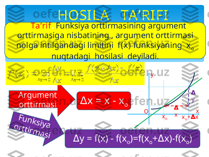 HOSILA   TA’RI FI
Argument
orttirmasi     Ta’rif .   Funksiya orttirmasining argument 
orttirmasiga nisbatining , argument orttirmasi 
nolga intilgandagi limitini   f(x)  funksiyaning   x
o  
nuqtadagi  hosilasi  deyiladi.
∆
x ∆
y
x
o x
o + x∆ xy
O∆ x = x - x
o	F	u	n	k	s	iy	a	o	r	ttir	m	a	s	i
∆ y = f(x) - f(x
o )=f(x
o + x)-f(x	
∆
o )	
x	
x	f	x	x	f	
x
y	
x	f	
x	x	
o	
	
			
	

	
	
				
)	(	)	(	
lim	lim	)	('	
0	0   