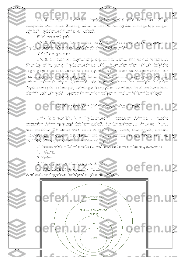 UNIX   operatsion   tizimidan   foydalanish   macOS   yoki   Windows   OS   ga
qaraganda  oson  emas.  Shuning uchun  u minimal  kompyuter   bilimiga  ega  bo'lgan
tajribali foydalanuvchilarni afzal ko'radi.
Sifat nazorati yo'q
UNIX   operatsion   tizimi   ochiq   kodli   OT   hisoblanadi,   shuning   uchun   u
foydalanuvchida ishonchsizlikni keltirib chiqarishi mumkin.
Kriptik buyruqlar
UNIX   OT   turli   xil   buyruqlarga   ega   bo'lib,   ularda   sirli   so'zlar   ishlatiladi.
Shunday   qilib,   yangi   foydalanuvchilar   ushbu   buyruqlar   bilan   ishlash   bo'yicha
to'g'ri g'oyalarni olish uchun ko'plab qiyinchiliklarga duch kelishlari mumkin. Bir
nechta buyruqlar maxsus belgilar sifatida ishlatiladi, ammo oddiy foydalanuvchilar
uchun   tushunish   qiyin.   Qachonki,   siz   buyruqda   biron   bir   noto'g'ri   belgidan
foydalanmoqchi   bo'lsangiz,   tizimingiz   kompyuter   tizimidagi   ba'zi   ma'lumotlarni
o'chirib tashlashi yoki o'zgartirishi mumkin bo'lgan noma'lum ishlarni boshlaydi.
UNIX operatsion tizimining arxitekturasi
Unix   ko'p   vazifali,   ko'p   foydalanuvchili   operatsion   tizimdir.   U   barcha
operatsion tizimning yuragi deb ham ataladi. Bundan tashqari, u Linux va Ubuntu
kabi   mashhur   OS   uchun   asos   bo'lib   xizmat   qiladi.   Unix,   shuningdek,   birinchi
PORTABLE   operatsion   tizimlardan   biri   bo'lib,   tarmoq,   World   Wide   Web   va
INTERNET rivojlanishida juda muhim rol o'ynadi.
Unix operatsion tizimi arxitekturasi to'rt qatlamdan iborat, xususan:
1.  Uskuna.
2.  Yadro.
3.  Tizim chaqiruv interfeysi yoki SHELL.
4.  Ilova dasturlari yoki kutubxonalar.
Arxitekturaning vizualizatsiyasi quyida keltirilgan.   