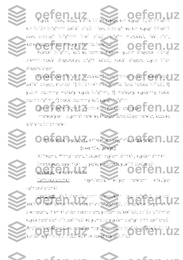 Suyak   –   tizza,   katta,   kichik   boldir   suyagi   son   suyagi   bular   birlashib
son-boldir   bo’g’inini   tashkil   qiladi.   Tizza   qopqog’i   va   son   suyagi   birlashib
tizza   qopqog’i   bo’g’inini   hosil   qiladi.   Bo’g’in   murakkab,   ikki   o’qli,
kapsuladan tashqari 4 pay yordamida berkiladi.
Sakrash   bo’g’ini,   kaft   va   barmoq   qismi   –   yuqori   chegarasi   oldingi
qismini   pastki   chegarasiga   to’g’ri   keladi,   pastki   chegara   tuyoq   bilan
chegaralangan. 
Sakrash   tovon   bo’g’ini   murakkab   bo’lib,   bir   necha   qator   suyaklardan
tashkil   topgan,   shundan   1)   boldir-oshiq   bo’g’inida   faqat   harakat   bo’ladi;   2)
yuqori   qatorning   markziy   suyak   bo’g’imi;   3)   markaziy   suyakning   pastki
qator bo’g’imi; 4) pastki qatorning kaft suyagi bo’g’ini.
Qon bilan ta’minlanishi – yonboshning tashqi arteriyasi.
Innervasiyasi – quymich nervi va shundan tarqaladigan nervlar, katta va
kichkina boldir nervi.
Yirik shoxli mollarni uchinchi barmog’ini olib tashlash
(ekzartikulyasiya)
Ko’rsatma.  Yiringli artrit, bukuvchi paylarni chirishi, suyakni chirishi.
Operasiyaga tayyorlash  –  щ yetka yordamida yuvilib tozalanadi.
Fiksasiya  – yotgan holatda.
Og’riqsizlantirish   –   neyroleptik,   volyar   nervlarni   sirkulyar
og’riqsizlantirish.
Texnikasi.   Kaft   qismida   qonni   to’xtatuvchi     jgut   qo’yiladi.   tuyoqni
kesib olib tashlashdan oldin unda chiziq o’tkaziladi, oldi tarafdan to yumshoq
tovongacha, 3 sm shundan pastroq arra yordamida kesiladi, qoldiq to’qimlar
suyak parchalari olib tashlnadi va yumaloq suyakni tog’ayi qirib tashlanadi.
Antibiotiklar sepiladi va qarag’ay moyi bilan qattiq bog’lab qo’yiladi. 10-15
kundan keyin qoldiq  bitadi va shox qavati paydo bo’ladi. 