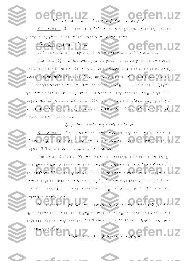 Yirik shoxli mollarni barmog’ini amputasiyasi
Ko’rsatmasi.   2-3   barmoq   bo’g’inlarini   yiringli   yallig’lanish,   chirish
jarayonlari, yaщurni asoratlari tuyoq yuvilib tozalanadi.
Fiksasiya  – yotgan holatda.
Og’riqsizlantirish  – neyroleptik, volyar nervlarni og’riqsizlantirish.
Texnikasi.  Qon to’xtatuvchi jgut qo’yiladi. amputasiyani tushov suyagi
orqali olib borish kerak. Operasiyani dorsal yuzadan kesish bilan boshlanadi,
tuyoqni   jiyagigacha  kesib   boriladi,  keyin   tuyoq   oralig’i   kesiladi   va   shunday
qilib   volyar   yuzada   ham   teri   kesiladi   v   teri   qurog’i   ajratilib   olinadi.   Qaychi
yordamida paylar kesiladi, keyin arra yordamida yuqoridan pastga qiya qilib
suyak   kesiladi   va   olib   tashlanadi.   Oxirida   qon   oqishi   to’xtatiladi,   ajratilgan
to’qimalar   olib   tashlanadi,   antibiotiklar   sepiladi.   Preparovka   qilingan   teri
uzlukli chok bilan tikiladi.
Quymich nervini og’riqsizlantirish
Ko’rsatmasi.   Trofik   yaralarni   davolash   va   oyoqni   pastki   qismida
o’tkaziladigan operasiyalar vaqtida. Bu og’riqsizlantirishni o’tkazgan vaqtda
hayvon 2-3 soat yetkan holatda bo’lishi kerak.
Texnikasi.   Otlarda:   Yotgan   holatda   fiksasiya   qilinadi,   orqa   oyog’i
bukilgan holatd. Ignani sanchish nuqtasi son suyagini katta do’mbog’idan 2-3
sm   pastroq.   12-15   sm   igna   ishlatiladi.   Operasiya   maydonchasini   tayyorlab
igna to suyakka tekkuncha yuboriladi, 0,5-1,0 sm suyakdan siljitilib 50-80 ml
4-5   %   li   novokin   eritmasi   yuboriladi.   Og’riqsizlantirish   15-20   minutdan
keyin vujudga keladi.
Yirik   shoxli   hayvonlarda:   fiksasiya   yuqorida   aytilgandek   bajariladi.
Ignni   sanchish   nuqtasi   son  suyagini  katta  do’mbog’ini   orqa   qirrasidan.  Igna
suyakka tekkuncha yuboriladi, 1.5-2 sm siljitilib 60-80 ml 4-5 % li novokain
eritmasi yuboriladi.
Tizza qopqog’i bo’g’imini punksiyasi 