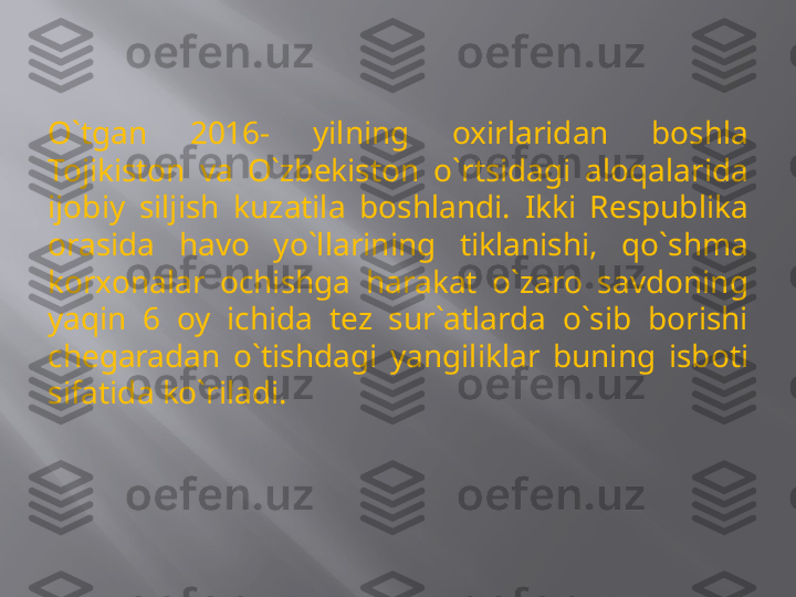 O`tgan  2016-  yilning  oxirlaridan  boshla 
Tojikiston  va  O`zbekiston  o`rtsidagi  aloqalarida 
ijobiy  siljish  kuzatila  boshlandi.  Ikki  Respublika 
orasida  havo  yo`llarining  tiklanishi,  qo`shma 
korxonalar  ochishga  harakat  o`zaro  savdoning 
yaqin  6  oy  ichida  tez  sur`atlarda  o`sib  borishi 
chegaradan  o`tishdagi  yangiliklar  buning  isboti 
sifatida ko`riladi.  