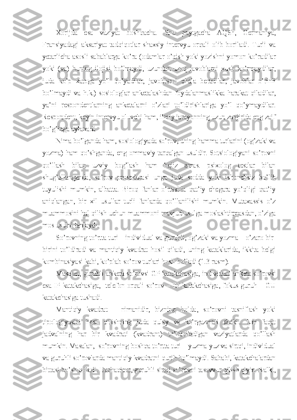 Xorijda   esa   vaziyat   boshqacha.   Shu   paytgacha   AQSh,   Germaniya,
Fransiyadagi   aksariyat   tadqiqotlar   shaxsiy   intervyu   orqali   olib   boriladi.   Turli   va
yetarlicha asosli sabablarga ko’ra (odamlar o’qish yoki yozishni yomon ko’radilar
yoki   (va)   buning   ilojisi   bo’lmaydi,   uzundan-uzoq   javoblarni   xush   ko’rmaydilar,
juda   ko’p   xatoga   yo’l   qo’yadilar,   javoblarni   chala   beradilar,   javoblar   o’rinli
bo’lmaydi   va   h.k.)   sosiologlar   anketalashdan   foydalanmaslikka   harakat   qiladilar,
ya’ni   respondentlarning   anketalarni   o’zlari   to’ldirishlariga   yo’l   qo’ymaydilar.
Respondent, keyin intervyu oluvchi ham, ilmiy jarayonning uzun zanjirida eng zaif
bo’g’inga aylanadi.
Nima bo’lganda ham, sosiologiyada so’rov, uning hamma turlarini (og’zaki va
yozma) ham qo’shganda,  eng ommaviy tarqalgan usuldir. Sotsiologiyani  so’rovni
qo’llash   bilan   uzviy   bog’lash   ham   bejiz   emas.   psixolog   testlar   bilan
shug’ullanganda,   so’rov   prosedurasi   unga   juda   sodda   yoki   ishonchsiz   bo’lib
tuyulishi   mumkin,   albatta.   Biroq   fanlar   o’rtasida   qat’iy   chegara   yo’qligi   qat’iy
aniqlangan,   bir   xil   usullar   turli   fanlarda   qo’llanilishi   mumkin.   Mutaxassis   o’z
muammosini hal qilish uchun muammoni mavjud usulga moslashtirmasdan, o’ziga
mos usulni tanlaydi.
So’rovning to’rtta turi – individual va guruhli, og’zaki va yozma – o’zaro bir-
birini   to’ldiradi   va   mantiqiy   kvadrat   hosil   qiladi,   uning   kataklarida,   ikkita   belgi
kombinasiyasi kabi, ko’plab so’rov turlari hosil bo’ladi (1.3-rasm).
Masalan, guruhli anketa so’rovsi GP katakchasiga, individual anketa so’rovsi
esa   IP  katakchasiga,     telefon  orqali   so’rov   –  IU  katakchasiga,   fokus-guruh   –  GU
katakchasiga tushadi.
Mantiqiy   kvadrat   –   nimanidir,   bizning   holda,   so’rovni   tasniflash   yoki
tipologiyasini   hosil   qilishning   juda   qulay   va   ko’rgazmali   shakli.   Uni   faqat
jadvalning   har   bir   kvadrati   (kvadrant)   to’ldiriladigan   vaziyatlarda   qo’llash
mumkin. Masalan,  so’rovning boshqa to’rtta turi – yuzma-yuz va sirtqi, individual
va guruhli so’rovlarda mantiqiy kvadratni qurib bo’lmaydi. Sababi, katakchalardan
bittasi bo’sh qoladi. Darhaqiqat, guruhli sirtqi so’rovni tasavvur qilish qiyin. Balki, 