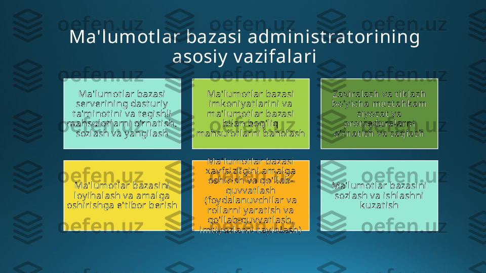 Ma'lumot lar bazasi administ rat orining 
asosiy  v azifalari
Ma'lumot lar bazasi 
serv erini ng dast uriy  
t a'minot i ni  v a t egishli  
mahsulot larni o'rnat i sh, 
sozlash v a y angilash Ma'lumot lar bazasi 
imk oniy at larini v a 
ma'lumot lar bazasi 
bilan bog'liq 
mahsulot larni baholash Zaxiralash v a t ik lash 
bo'y icha must ahk am 
siy osat  v a 
prot sedural arni 
o'rnat ish v a saqlash
Ma'lumot lar bazasini 
loy ihalash v a amalga 
oshirishga e't ibor berish Ma'lumot lar bazasi 
xav fsizligini amalga 
oshirish v a qo'll ab-
quv v at lash 
(foy dalanuv chilar v a 
rol larni y arat ish v a 
qo'llab-quv v at lash, 
imt iy ozlarni t ay inlash) Ma'lumot lar bazasini 
sozl ash v a ishl ashni 
k uzat ish 