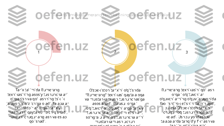 Tarix  t a'limida Bumerang tex nik as ining as os iy  t us hunchalari
O‘zbekiston tarixini o‘qitishda 
“Bumerang” texnikasi qayta aloqa 
va mustahkamlash tushunchasiga 
asoslanadi. Bu usul orqali 
o‘qituvchilar o‘quvchilarga tarixiy 
tushunchalarni taqdim etishlari, 
so‘ngra ularni o‘z tushunchalarini 
mustahkamlash uchun 
mashg‘ulotlarga jalb etishlari 
mumkin.Tarix ta'limida Bumerang 
texnikasining asosiy tushunchalari 
o'rganish va qo'llashning tsiklik 
jarayonini o'z ichiga oladi. Talabalar 
turli tadbirlar orqali tarixiy 
mazmunni qayta ko‘rib chiqishadi, 
mavzuni chuqur anglash va eslab 
qolishadi. Bumerang texnikasini qo‘llash 
orqali o‘qituvchilar 
o‘quvchilarning o‘quv jarayonida 
faol ishtirok etishini ta’minlaydi, 
bu esa O‘zbekiston tarixini 
chuqurroq tushunishga olib 
keladi. Ushbu yondashuv 
talabalarda tanqidiy fikrlash va 
tahliliy ko'nikmalarni 
rivojlantiradi, ularning umumiy 
tarixiy bilimini oshiradi.1 2
3 