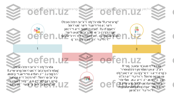 O‘ zbek is ton t arix ini o‘ qit is hda Bumerang tex nik as ini j oriy  et is hdagi muammolar v a y echimlar.
1
2 3O‘zbekiston tarixini o‘qitishda “Bumerang” 
texnikasi ham muammolar, ham 
yechimlarni taqdim etadi. Bu diqqatni 
mamlakat tarixining kelib chiqishiga 
qaytarishni o'z ichiga oladi, bunda harakat 
qilish qiyin bo'lishi mumkin.
O‘zbekiston tarixini o‘qitishda 
Bumerang texnikasini tatbiq etishdagi 
asosiy muammolardan biri bu tegishli 
manbalarni topishdir. Texnika tarixiy 
hikoyani to'g'ri aks ettiradigan keng 
qamrovli materiallarni talab qiladi. Biroq, puxta rejalashtirish va 
innovatsion yondashuvlar bilan 
o'qituvchilar bu qiyinchiliklarni engib 
o'tishlari mumkin. Texnologiya va 
interfaol usullarni birlashtirib, ular 
Bumerang texnikasidan samarali 
foydalanadigan qiziqarli darslarni 
yaratishi mumkin.   