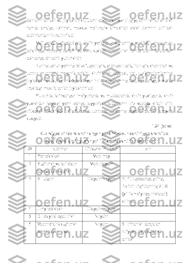 ekinlarni tanlash va joylashtirish, ularni etishtirish texn o logiyalarini ishlab chiqish
hamda   amalga   oshirish,   maxsus   meliorativ   almashlab   ekish   tizimini   qo‘llash
tadbirlaridan iborat bo‘ladi.
Ma’lumki,   sug‘oriladigan   sho‘r   yerlarda   zovurlarning   vazifasi   tuproq-grunt
tarkibidagi ortiqcha tuzlarni va sizot suvlarni tortib olish hamda ularni dalalardan
tashqariga chiqarib yuborishdir.
Buning uchun yerning relьefi, g e ologik, gidrog e ologik, litologik  sharo itlari va
tuproq   gruntining   mexanik   tarkibi,   sho‘rlanish   darajasi,   tipi,   tuzli   qatlamlarning
joylashish chuqurligi hisobga olingan holda zovurlarning turi, chuqurligi, zovurlar
orasidagi masofa tanlab joylashtiriladi. 
YUqorida   ko‘rsatilgan   me’yorlarda   va   muddatlarida   sh o‘ r   yuvilganda   sho‘r
yuvishdan   keyingi   yerni   ekinga   tayyorlash   tadbirlarini   o‘z   vaqtida   sifatli   qilib
o‘tkazish  imkoniyati   bo‘ladi  hamda   tuproqda  tuzlarning  qayta  to‘planish  jarayoni
susayadi.
1 .94 -jadval
Kuchsiz va o‘rtacha sho‘rlangan yerlarni zovurlashtirilgan sharoitda
kuzgi-qishki sho‘r yuvish yo‘li bilan o‘zlashtirish tadbirlari
№ Tadbirlar O‘tkazish muddati Izoh
1 Yer tekislash Mart-may
2 Sug‘orish va kollektor 
tarmoqlarini qurish Mart-oktyabr
3 SHudgor  Oktyabr-noyabr 30-40 t gektariga go‘ng, 
fosforli o‘g‘itlarning 70 % 
(yillik me’yorga nisbatan) 
solinadi
4 Joriy tekislash Oktyabr-noyabr
5 CHek yoki egat olish Noyabr
6 Vaqtinchalik sug‘orish 
tarmoqlarini olish Noyabr SHo‘rlanish darajalari 
bo‘yicha ekin turlarini 
tanlash 