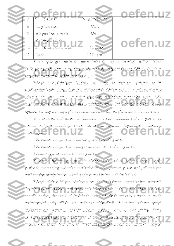 7 SHo‘r yuvish Noyabr-dekabr
8 Joriy tekislash Mart
9 Minyeral va organik 
o‘g‘itlarni solish Mart
10 CHizellash, boronalash 1-10 aprel
11 Ekish  1-10 aprel
SHo‘r   yuvilgan   yerlarda   yerta   bahorda   tuproq   namligi   etilishi   bilan
(70% ga etganda tuproqning chegaraviy nam sig‘imiga nisbatan) ekin ekish uchun
yerga ishlov byerish tadbirlari o‘tkaziladi.
YAngi   o‘zlashtirilgan   kuchsiz   va   o‘rta   sho‘rlangan   yerlarni   sho‘ri
yuvilgandan keyin ularga dastlabki o‘zlashtirish ekinlari ekiladi. Bunda ekinlar tuz
ta’siriga   chidamli   tuproq   unumdorligiga   kam   talabchan,   tuproqdan   suvni   fizik
bug‘lantirishni kamaytiradigan va tuz to‘planishini oldini oladigan ekinlar ekilishi
kyerak. Bunday ekinlarga g‘o‘za, beda, dukkakli   don va g‘alla   donli ekinlar kiradi.
SHo‘rxok   va   sho‘rxoksimon   tuproqlarni   qisqa   muddatda   sho‘rini   yuvish   va
qishloq   xo‘jalik   oborotiga   kiritish   uchun   uch   usuldan   foydalanish   maqsadga
muvofiqdir.
1.Zovurlashtirilgan sharoitda kuzgi-qishgi sho‘r yuvish.
2.Zovurlashtirilgan sharoitda yozda sholi ekib sho‘rini yuvish.
3.Jadal zovurlashtirilib sho‘rini yuvish.
YUqorida   ko‘rsatilgan   xar   bir   o‘zlashtirish   usulida   qo‘llaniladigan   sho‘r
yuvishda  tuproqning  tuzlardan  tozalanish  muddati,  umumiy  suv   sarfi,  qilinadigan
melioratsiya xarajatlari va ularni qoplash muddatlari turlicha bo‘ladi.
YAngi   o‘zlashtirilgan   sho‘rxok   va   sho‘rxoksimon   tuproqlardan   samarali
foydalanish uchun ularni meliorativ holatini yaxshi saqlash, unumdorligini uzliksiz
oshirib   borish,   dastlabki   o‘zlashtirish   ekinlarni   ekish   maxsus   almashlab   ekish
majmuyasini   joriy   qilish   kabi   tadbirlar   o‘tkaziladi.   Bular-dan   tashqari   yangi
o‘zlashtirilgan   yerlarda   etishtiriladigan   qishloq   xo‘jalik   ekinlarining   ilmiy
asoslangan agrotexnik tadbirlarini ishlab chiqish va ularga rioya qilish xam muxim
masala xisoblanadi. Ma’lumki sho‘r yerlarda etishtiriladigan ekinlari texnologiyasi 