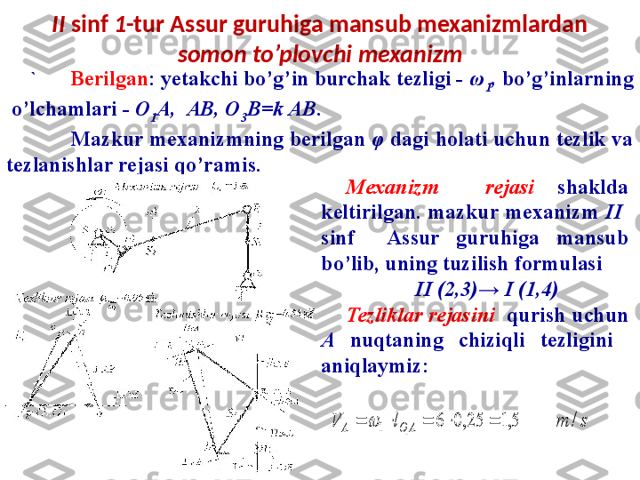 II  sinf  1 -tur Assur guruhiga mansub mexanizmlardan 
somon to’plovchi mexanizm
` Berilgan : yetakchi bo’g’in burchak tezligi -  ω
1 ,  bo’g’inlarning 
 o’lchamlari -  O
1 A,  AB, O
3 B=k AB .
Mazkur mexanizmning berilgan  φ   dagi holati uchun tezlik va 
tezlanishlar rejasi qo’r am is.s	m	l	V	A	O	A	/	5,1	25,0	6	1	1						
Mexanizm    rejasi  shaklda 
keltirilgan.  mazkur  mexanizm  II    
sinf    Assur  guruhiga  mansub 
bo’lib, uning tuzilish formulasi  
              II (2,3)→ I (1,4)
Tezliklar rejasini    qurish  uchun 
A  nuqtaning  chiziqli  tezligini   
aniqlaymiz: 