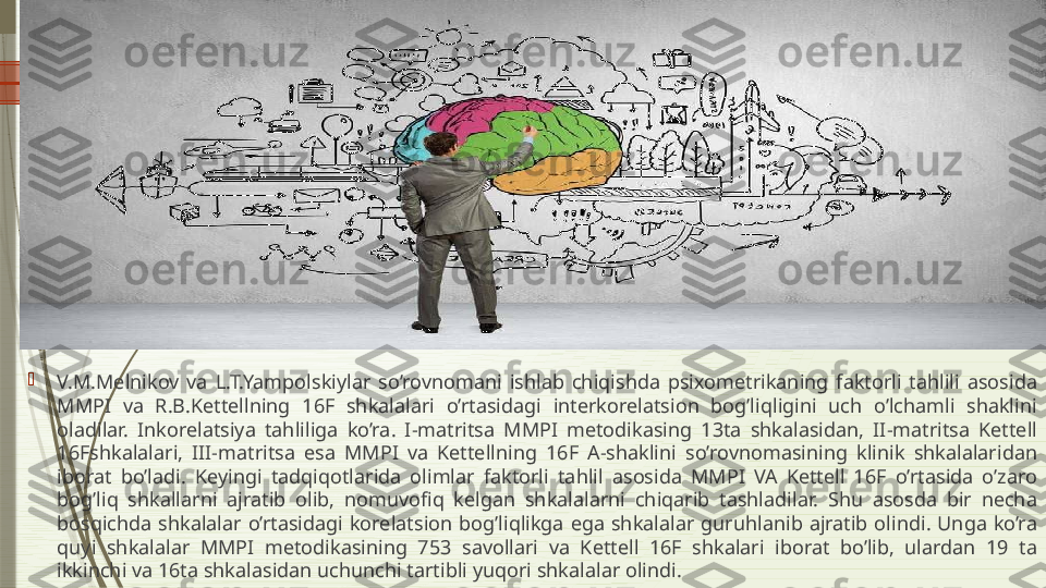 
V.M.Melnikov  va  L.T.Yampolskiylar  so’rovnomani  ishlab  chiqishda  psixometrikaning  faktorli  tahlili  asosida 
MMPI  va  R.B.Kettellning  16F  shkalalari  o’rtasidagi  interkorelatsion  bog’liqligini  uch  o’lchamli  shaklini 
oladilar.  Inkorelatsiya  tahliliga  ko’ra.  I-matritsa  MMPI  metodikasing  13ta  shkalasidan,  II-matritsa  Kettell 
16Fshkalalari,  III-matritsa  esa  MMPI  va  Kettellning  16F  A-shaklini  so’rovnomasining  klinik  shkalalaridan 
iborat  bo’ladi.  Keyingi  tadqiqotlarida  olimlar  faktorli  tahlil  asosida  MMPI  VA  Kettell  16F  o’rtasida  o’zaro 
bog’liq  shkallarni  ajratib  olib,  nomuvofiq  kelgan  shkalalarni  chiqarib  tashladilar.  Shu  asosda  bir  necha 
bosqichda  shkalalar  o’rtasidagi  korelatsion  bog’liqlikga  ega  shkalalar  guruhlanib  ajratib  olindi.  Unga  ko’ra 
quyi  shkalalar  MMPI  metodikasining  753  savollari  va  Kettell  16F  shkalari  iborat  bo’lib,  ulardan  19  ta 
ikkinchi va 16ta shkalasidan uchunchi tartibli yuqori shkalalar olindi.               