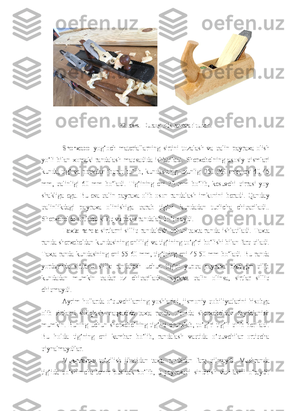          
32 - rasm.   Duradgorlik randalar i turlari.
Sherxebel   yog‘och   materiallarning   sirtini   tozalash   va   qalin   payraxa   olish
yo‘li   bilan   xomaki   randalash   maqsadida   ishlatiladi.   Sherxebelning   asosiy   qismlari
kunda, tig‘ va ponadan iborat   bo‘lib, kundasining uzunligi 250-260 mm, eni 40-45
mm,   qalinligi   60   mm   bo‘ladi.   Tig‘ining   eni   30   mm   bo‘lib,   kesuvchi   qirrasi   yoy
shakliga   ega.   Bu   esa   qalin   payraxa   olib   oson   randalash   imkonini   beradi.   Qanday
qalinlikdagi   payraxa   olinishiga   qarab   tig‘ni   kundadan   turlicha   chiqariladi..
Sherxebelda sirtlarni silliq va  tekis randalab bo‘lmaydi.
Taxta randa   s irtlarni silliq randalash uchun taxta randa ishlatiladi.   Taxta
randa sherxebeldan kundasining enliligi va tig‘ining to‘g‘ri  bo‘lishi bilan farq qiladi.
Taxta  randa kundasining  eni  55-60 mm,   tig‘ining   eni   45-50  mm   bo‘ladi.   Bu   randa
yordamida   sirtlarni   sil liq   randalash   uchun   tig‘ni   yupqa   payraxa   oladigan   qilib
kundadan   mumkin   qadar   oz   chiqariladi.   Payraxa   qalin   olinsa,   sirtlar   sil liq
chiqmaydi. 
Ayrim   hollarda  o‘quvchilarning  yoshlarini, jismoniy  qobili yatlarini hisobga
olib   sirtlarni   silliqlash   maqsadida   taxta   randa   o‘rnida   sherxebeldan   foydalanish
mumkin. Buning uchun sherxebelning tig‘ini charxlab, to‘g‘ri tig‘li qilib beriladi.
Bu   holda   tig‘ning   eni   kambar   bo‘lib,   randalash   vaqtida   o‘quvchilar   ortiqcha
qiynalmaydilar.
Mushranda   to‘zilish   jihatidan   taxta   randadan   farq   qilmaydi.   Mushranda
tig‘ida   qo‘shimcha   temir   pushtak   bo‘lib,   u   payraxani   sindirish   vazifasini   o‘taydi. 