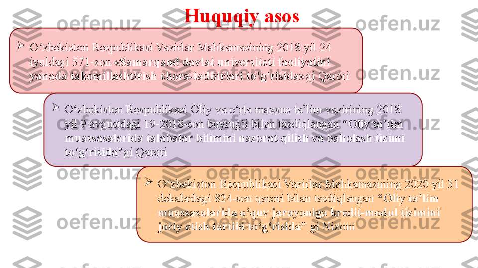 Huquqiy asos

O‘zbekiston Respublikasi Vazirlar Mahkamasining 2018 yil 24 
iyuldagi 571-son  «Samarqand davlat universiteti faoliyatini 
yanada takomillashtirish chora-tadbirlari to‘g‘risida» gi  Q arori

O‘zbekiston Respublikasi Vazirlar Mahkamasining 2020 yil 31 
dekabrdagi 824-son qarori   bilan tasdiqlangan  “Oliy ta’lim 
muassasalarida o‘quv jarayoniga kredit-modul tizimini 
joriy etish tartibi to‘g‘risida”  gi Nizom
O‘zbekiston Respublikasi Oliy va o‘rta maxsus ta’lim vazirining 2018 
yil 9 avgustdagi 19-2018-son buyrug‘i bilan tasdiqlangan  “Oliy ta’lim 
muassasalarida talabalar bilimini nazorat qilish va baholash tizimi 
to‘g‘risida” gi  Qarori 