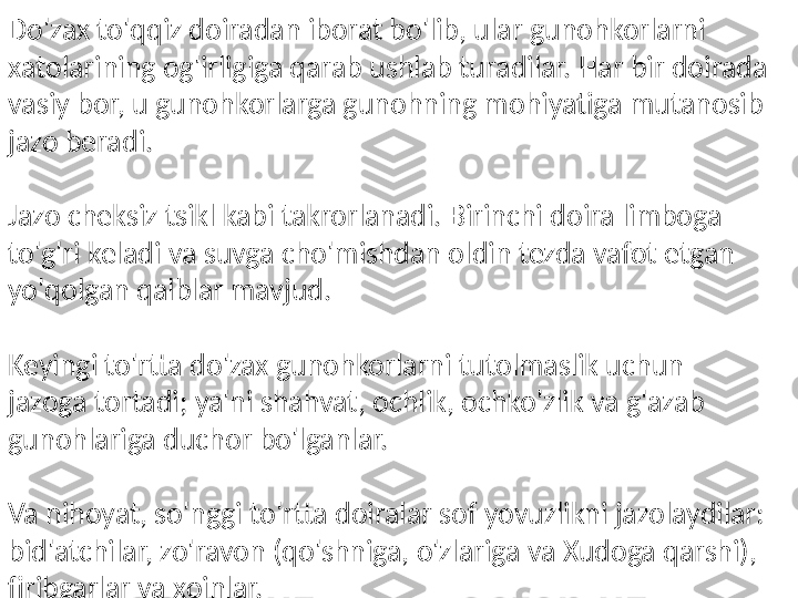 Do'zax to'qqiz doiradan iborat bo'lib, ular gunohkorlarni 
xatolarining og'irligiga qarab ushlab turadilar. Har bir doirada 
vasiy bor, u gunohkorlarga gunohning mohiyatiga mutanosib 
jazo beradi.
Jazo cheksiz tsikl kabi takrorlanadi. Birinchi doira limboga 
to'g'ri keladi va suvga cho'mishdan oldin tezda vafot etgan 
yo'qolgan qalblar mavjud.
Keyingi to'rtta do'zax gunohkorlarni tutolmaslik uchun 
jazoga tortadi; ya'ni shahvat, ochlik, ochko'zlik va g'azab 
gunohlariga duchor bo'lganlar.
Va nihoyat, so'nggi to'rtta doiralar sof yovuzlikni jazolaydilar: 
bid'atchilar, zo'ravon (qo'shniga, o'zlariga va Xudoga qarshi), 
firibgarlar va xoinlar. 