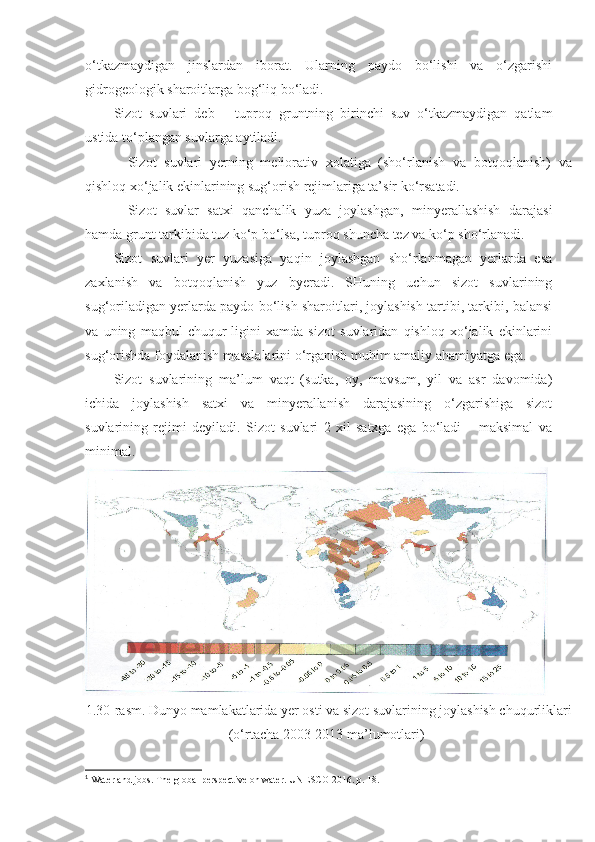 o‘tkazmaydigan   jinslardan   iborat.   Ularning   paydo   bo‘lishi   va   o‘zgarishi
gidrogeologik sharoitlarga bog‘liq bo‘ladi.
Sizot   suvlari   deb   –   tuproq   gruntning   birinchi   suv   o‘tkazmaydigan   qatlam
ustida to‘plangan suvlarga aytiladi.
Sizot   suvlari   yerning   meliorativ   xolatiga   (sho‘rlanish   va   botqoqlanish)   va
qishloq xo‘jalik ekinlarining sug‘orish rejimlariga ta’sir ko‘rsatadi.
Sizot   suvlar   satxi   qanchalik   yuza   joylashgan,   minyerallashish   darajasi
hamda grunt tarkibida tuz ko‘p bo‘lsa, tuproq shuncha tez va ko‘p sho‘rlanadi.
Sizot   suvlari   yer   yuzasiga   yaqin   joylashgan   sho‘rlanmagan   yerlarda   esa
zaxlanish   va   botqoqlanish   yuz   byeradi.   SHuning   uchun   sizot   suvlarining
sug‘oriladigan yerlarda paydo bo‘lish sharoitlari, joylashish tartibi, tarkibi, balansi
va   uning   maqbul   chuqur-ligini   xamda   sizot   suvlaridan   qishloq   xo‘jalik   ekinlarini
sug‘orishda foydalanish masalalarini o‘rganish muhim amaliy ahamiyatga ega.
Sizot   suvlarining   ma’lum   vaqt   (sutka,   oy,   mavsum,   yil   va   asr   davomida)
ichida   joylashish   satxi   va   minyerallanish   darajasining   o‘zgarishiga   sizot
suvlarining   rejimi   deyiladi.   Sizot   suvlari   2   xil   satxga   ega   bo‘ladi   –   maksimal   va
minimal.
1.30-rasm. Dunyo mamlakatlarida yer osti va sizot suvlarining joylashish chuqurliklari
(o‘rtacha 2003-2013 ma’lumotlari) 1
1
 Water and jobs. The global perspective on water. UNESCO 2016. p. 18. 