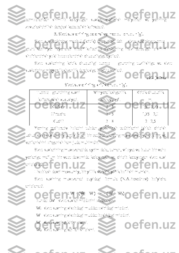 tarmoqlaridan   shimilib   kelayotgan   suvlar,   sug‘orish   me’yorlari   va   yerining
zovurlashtirilish darajasi katta ta’sir ko‘rsatadi.
3.  Sizot suvlarining  b alansi   va maqbul chuqurligi.
Sizot   suv   sathining   maqbul   (kritik)   chuqurligi   deb   –   sizot   suvining   tuproq-
grunt   kapilliyar   naychalari   orqali   ko‘tarilib   ekinlarning   ildizi   tarqalgan   qismini
sho‘rlantirish yoki botqoqlantirish chuqurligiga aytiladi.
Sizot   suvlarining   kritik   chuqurligi   tuproq   –   gruntning   tuzilishiga   va   sizot
suvlarining minyerallashganlik darajasiga bog‘liq bo‘ladi.
1.82 - jadval
Sizot suvlarining kritik chuqurligi.
Tuproq - gruntining suvni
ko‘tara olish xususiyati. Minyerallashganlik
darajasi,  g / l. Kritik chuqurlik
m.
Kuchsiz
O‘rtacha
Kuchli 3 - 5
3 - 5
3 - 8 1,5 - 1,75
1,75 - 2,0
2 - 2,5
Yerning   meliorativ   holatini   tubdan   yaxshilash   tadbirlarini   ishlab   chiqish
uchun sizot suvlarining tartibi bilan bir qatorda ularning muvozanati ya’ni kirim va
sarflanishini o‘rganish ham juda muhimdir.
Sizot suvlarining muvozanatida ayrim dala, tuman, viloyat va butun bir vaho
yerlariga   ma’lum   bir   vaqt   davomida   kelayotgan   va   chiqib   ketayotgan   sizot   suvi
aniqlanadi.
Hisoblash davri mavsumiy, bir yillik va ko‘p yillik bo‘lishi mumkin.
Sizot   suvining   muvozanati   quyidagi   formula   (N.A.Besednov)   bo‘yicha
aniqlanadi.
dW = (W
0  - W ) = + - ( W
1  - W
2 )
bunda: dW - sizot suvlar miqdorini o‘zgarishi.
W
0 - sizot suvning xisobdagi muddat oxiridagi miqdori.
W - sizot suvning xisobdagi muddat boshidagi miqdori.
W
1 - sizot suvning k i rim qismi.
W
2  -sizot suvning sarflanish qismi. 