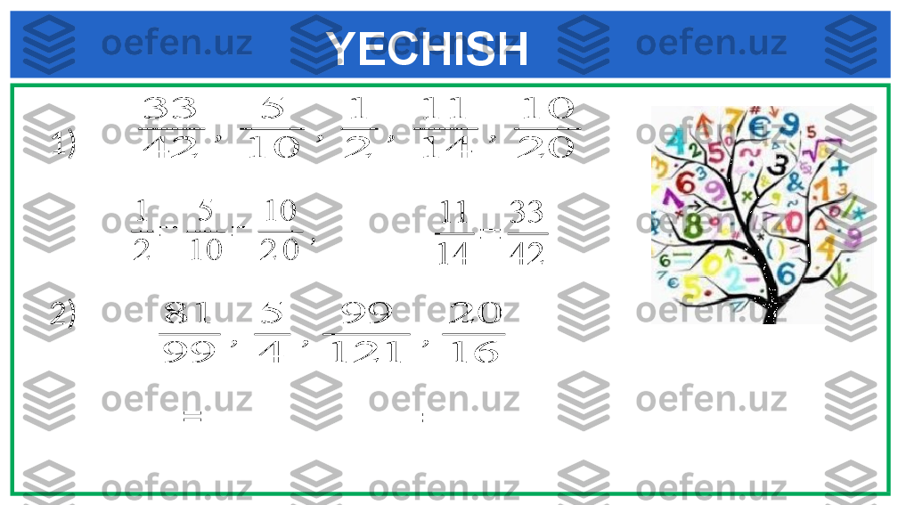 YECHISH33
42	
,	
5	
10	
,	
1
2	
,	
11
14	
,	
10
20	
1
2	
=	
5
10	
=	
10
2	0	
,	
11
14	
=	
33
42	
81
99	
,	
5
4	
,	
99	
121	
,	
20
16
1)
2)
  =     =    