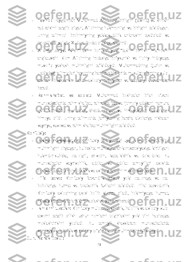 Tavhid:   Payg'ambar   Muhammad   Allohning   birligini   (tavhid)   va   shirkni
rad   etishni   targ'ib   qilgan,   Allohning   hukmronligi   va   birligini   ta'kidlagan.
Uning   ta'limoti   Ibrohimiyning   yakkaxudolik   an'anasini   tasdiqladi   va
imonlilarni yolg'iz Xudoga ibodat qilishga chaqirdi.
 Allohga   bo‘ysunish:   “Taslim   bo‘lish”   yoki   “taslim   bo‘lish”   ma’nosini
anglatuvchi   Islom   Allohning   irodasiga   bo‘ysunish   va   ilohiy   hidoyatga
muvofiq   yashash   muhimligini   ta’kidlaydi.   Muhammadning   Qur'on   va
Hadisdagi ta'limotlari hayotning barcha jabhalarida musulmonlarning xulq-
atvorini   boshqarish   uchun   axloqiy   tamoyillar   va   huquqiy   ko'rsatmalar
beradi.
 Rahm-shafqat   va   adolat:   Muhammad   boshqalar   bilan   o‘zaro
munosabatlarida   rahm-shafqat,   rahm-shafqat   va   ijtimoiy   adolatni   namuna
qilib   ko‘rsatib,   mazlumlar,   chetda   qolgan   va   himoyasizlar   huquqlarini
himoya   qildi.   Uning   ta'limotida   jamiyatning   barcha   a'zolariga   nisbatan
xayriya, saxovat va rahm-shafqat muhimligini ta'kidladi.
Konfutsiy:
 Beshta   munosabatlar:   Konfutsiy   jamiyatdagi   uyg'un   munosabatlarning
muhimligini o'rgatgan, bu beshta munosabatlar kontseptsiyasiga kiritilgan:
hukmdor-sub'ekt,   ota-o'g'il,   er-xotin,   katta-kichik   va   do'st-do'st.   Bu
munosabatlar   xayrixohlik,   adolat   va   adolat   tamoyillari   asosida
boshqariladi, ijtimoiy totuvlik va axloqiy tartibni mustahkamlaydi.
 Filial   taqvo:   Konfutsiy   farzandlik   taqvosi   yoki   ota-onaga   va   ota-
bobolariga   hurmat   va   itoatkorlik   fazilatini   ta'kidladi.   Filial   taqvodorlik
Konfutsiy   axloqining   asosi   bo'lib   xizmat   qiladi,   hokimiyatga   hurmat,
oilaviy burch va an'analarni saqlashga yordam beradi.
 Ismlarni tuzatish:  Konfutsiy muloqotda aniqlik, halollik va axloqiy xulq-
atvorni   targ'ib   qilish   uchun   nomlarni   to'g'rilashni   yoki   tilni   haqiqatga
moslashtirishni   yoqladi.   Bu   tamoyil   shaxslararo   munosabatlarda
samimiylik, halollik va axloqiy to‘g‘rilikning muhimligini ta’kidlaydi.
Guru Nanak Dev Ji:
19 