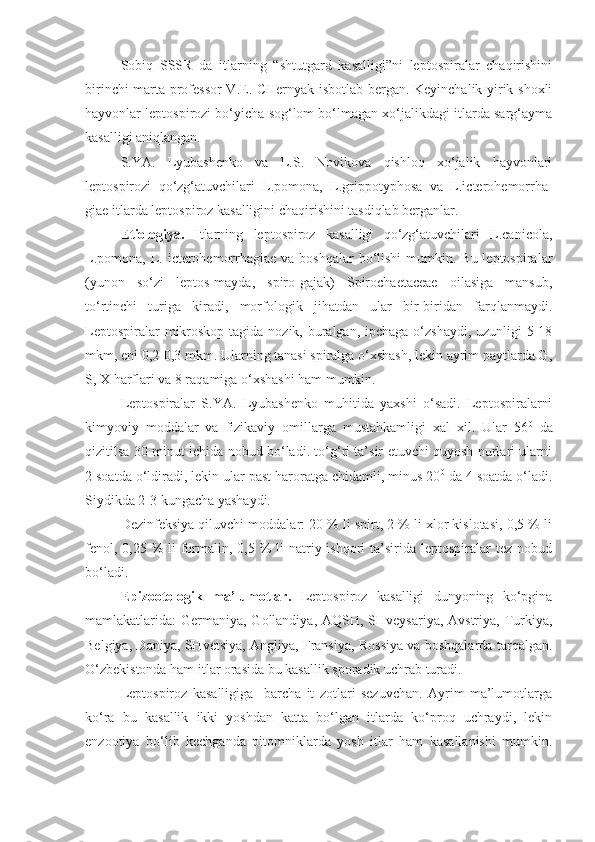 Sobiq   SSSR   da   itlarning   “shtutgard   kasalligi”ni   leptospiralar   chaqirishini
birinchi marta professor V.E. CHernyak isbotlab bergan. Keyinchalik yirik shoxli
hayvonlar leptospirozi bo‘yicha sog‘lom bo‘lmagan xo‘jalikdagi itlarda sarg‘ayma
kasalligi aniqlangan.
S.YA.   Lyubashenko   va   L.S.   Novikova   qishloq   xo‘jalik   hayvonlari
leptospirozi   qo‘zg‘atuvchilari   L.pomona,   L.grippotyphosa   va   L.icterohemorrha-
giae itlarda leptospiroz kasalligini chaqirishini tasdiqlab berganlar.
Etiologiya.   Itlarning   leptospiroz   kasalligi   qo‘zg‘atuvchilari   L.canicola,
L.pomona, L. icterohemorrhagiae va boshqalar  bo‘lishi  mumkin. Bu  leptospiralar
(yunon   so‘zi   leptos-mayda,   spiro-gajak)   Spirochaetaceae   oilasiga   mansub,
to‘rtinchi   turiga   kiradi,   morfologik   jihatdan   ular   bir-biridan   farqlanmaydi.
Leptospiralar  mikroskop tagida nozik, buralgan, ipchaga o‘zshaydi, uzunligi  5-18
mkm, eni 0,2-0,3 mkm. Ularning tanasi spiralga o‘xshash, lekin ayrim paytlarda G,
S, X harflari va 8 raqamiga o‘xshashi ham mumkin.
Leptospiralar   S.YA.   Lyubashenko   muhitida   yaxshi   o‘sadi.   Leptospiralarni
kimyoviy   moddalar   va   fizikaviy   omillarga   mustahkamligi   xal   xil.   Ular   56 0
  da
qizitilsa 30 minut ichida nobud bo‘ladi. to‘g‘ri ta’sir etuvchi quyosh nurlari ularni
2 soatda o‘ldiradi, lekin ular past haroratga chidamli, minus 20 0
 da 4 soatda o‘ladi.
Siydikda 2-3 kungacha yashaydi.
Dezinfeksiya qiluvchi moddalar: 20 % li spirt, 2 % li xlor kislotasi, 0,5 % li
fenol, 0,25 %  li  formalin, 0,5 %  li  natriy ishqori  ta’sirida  leptospiralar  tez  nobud
bo‘ladi.
Epizootologik   ma’lumotlar.   Leptospiroz   kasalligi   dunyoning   ko‘pgina
mamlakatlarida: Germaniya, Gollandiya, AQSH, SHveysariya, Avstriya, Turkiya,
Belgiya, Daniya, SHvetsiya, Angliya, Fransiya, Rossiya va boshqalarda tarqalgan.
O‘zbekistonda ham itlar orasida bu kasallik sporadik uchrab turadi.
Leptospiroz   kasalligiga     barcha   it   zotlari   sezuvchan.   Ayrim   ma’lumotlarga
ko‘ra   bu   kasallik   ikki   yoshdan   katta   bo‘lgan   itlarda   ko‘proq   uchraydi,   lekin
enzootiya   bo‘lib   kechganda   pitomniklarda   yosh   itlar   ham   kasallanishi   mumkin. 