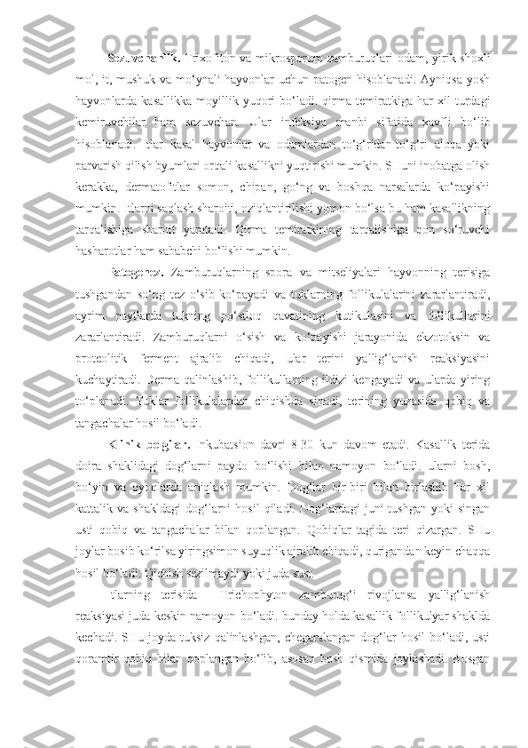 Sezuvchanlik.   Trixofiton va mikrosporum zamburuqlari odam, yirik shoxli
mol, it, mushuk va mo‘ynali hayvonlar uchun patogen hisoblanadi. Ayniqsa yosh
hayvonlarda   kasallikka   moyillik   yuqori   bo‘ladi.   qirma   temiratkiga   har   xil   turdagi
kemiruvchilar   ham   sezuvchan.   Ular   infeksiya   manbi   sifatida   xavfli   bo‘lib
hisoblanadi.   Itlar   kasal   hayvonlar   va   odamlardan   to‘g‘ridan-to‘g‘ri   aloqa   yoki
parvarish qilish byumlari orqali kasallikni yuqtirishi mumkin. SHuni inobatga olish
kerakka,   dermatofitlar   somon,   chipan,   go‘ng   va   boshqa   narsalarda   ko‘payishi
mumkin. Itlarni saqlash sharoiti, oziqlantirilishi yomon bo‘lsa bu ham kasallikning
tarqalishiga   sharoit   yaratadi.   Qirma   temiratkining   tarqalishiga   qon   so‘ruvchi
hasharotlar ham sababchi bo‘lishi mumkin.
Patogenez.   Zamburuqlarning   spora   va   mitseliyalari   hayvonning   terisiga
tushgandan   so‘ng   tez   o‘sib   ko‘payadi   va   tuklarning   follikulalarini   zararlantiradi,
ayrim   paytlarda   tukning   po‘stloq   qavatining   kutikulasini   va   follikullarini
zararlantiradi.   Zamburuqlarni   o‘sish   va   ko‘payishi   jarayonida   ekzotoksin   va
proteolitik   ferment   ajralib   chiqadi,   ular   terini   yallig‘lanish   reaksiyasini
kuchaytiradi.   Derma   qalinlashib,   follikullarning   ildizi   kengayadi   va   ularda   yiring
to‘planadi.   Tuklar   follikulalardan   chiqishda   sinadi,   terining   yuzasida   qobiq   va
tangachalar hosil bo‘ladi.
Klinik   belgilar.   Inkubatsion   davri   8-30   kun   davom   etadi.   Kasallik   terida
doira   shaklidagi   dog‘larni   paydo   bo‘lishi   bilan   namoyon   bo‘ladi.   ularni   bosh,
bo‘yin   va   oyoqlarda   aniqlash   mumkin.   Dog‘lar   bir-biri   bilan   birlashib   har   xil
kattalik  va   shakldagi   dog‘larni   hosil   qiladi.   Dog‘lardagi   juni   tushgan   yoki   singan
usti   qobiq   va   tangachalar   bilan   qoplangan.   Qobiqlar   tagida   teri   qizargan.   SHu
joylar bosib ko‘rilsa yiringsimon suyuqlik ajralib chiqadi, qurigandan keyin chaqqa
hosil bo‘ladi. Qichish sezilmaydi yoki juda sust.
Itlarning   terisida     Trichophyton   zamburug‘i   rivojlansa   yallig‘lanish
reaksiyasi juda keskin namoyon bo‘ladi. bunday holda kasallik follikulyar shaklda
kechadi.  SHu  joyda  tuksiz   qalinlashgan,  chegaralangan   dog‘lar  hosil   bo‘ladi,  usti
qoramtir   qobiq   bilan   qoplangan   bo‘lib,   asosan   bosh   qismida   joylashadi.   Bosgan 