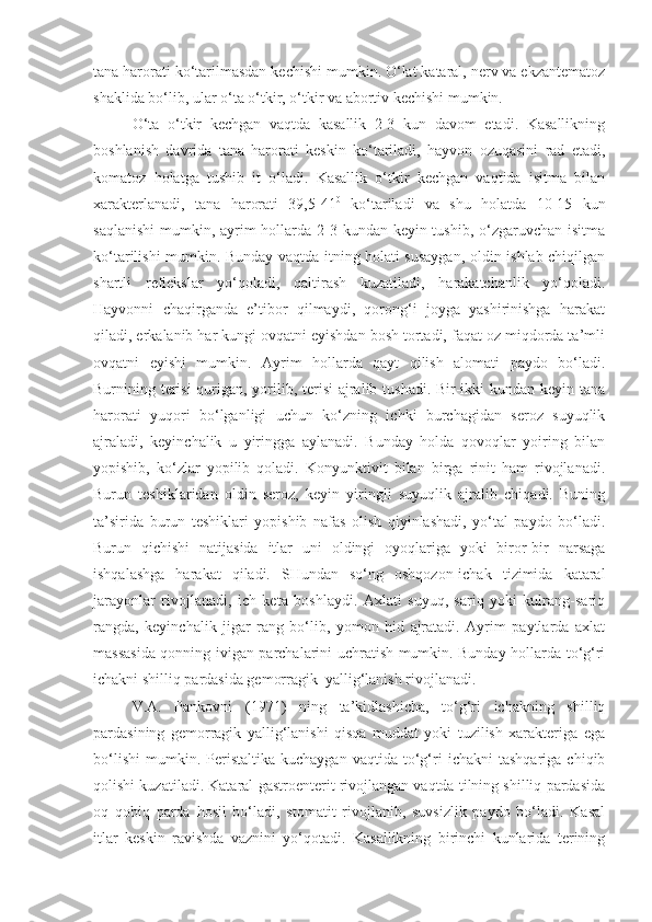 tana harorati ko‘tarilmasdan kechishi mumkin. O‘lat kataral, nerv va ekzantematoz
shaklida bo‘lib, ular o‘ta o‘tkir, o‘tkir va abortiv kechishi mumkin.    
O‘ta   o‘tkir   kechgan   vaqtda   kasallik   2-3   kun   davom   etadi.   Kasallikning
boshlanish   davrida   tana   harorati   keskin   ko‘tariladi,   hayvon   ozuqasini   rad   etadi,
komatoz   holatga   tushib   it   o‘ladi.   Kasallik   o‘tkir   kechgan   vaqtida   isitma   bilan
xarakterlanadi,   tana   harorati   39,5-41 0
  ko‘tariladi   va   shu   holatda   10-15   kun
saqlanishi  mumkin, ayrim  hollarda 2-3 kundan keyin tushib, o‘zgaruvchan isitma
ko‘tarilishi mumkin. Bunday vaqtda itning holati susaygan, oldin ishlab chiqilgan
shartli   reflekslar   yo‘qoladi,   qaltirash   kuzatiladi,   harakatchanlik   yo‘qoladi.
Hayvonni   chaqirganda   e’tibor   qilmaydi,   qorong‘i   joyga   yashirinishga   harakat
qiladi, erkalanib har kungi ovqatni eyishdan bosh tortadi, faqat oz miqdorda ta’mli
ovqatni   eyishi   mumkin.   Ayrim   hollarda   qayt   qilish   alomati   paydo   bo‘ladi.
Burnining terisi  qurigan, yorilib, terisi  ajralib tushadi. Bir-ikki  kundan keyin tana
harorati   yuqori   bo‘lganligi   uchun   ko‘zning   ichki   burchagidan   seroz   suyuqlik
ajraladi,   keyinchalik   u   yiringga   aylanadi.   Bunday   holda   qovoqlar   yoiring   bilan
yopishib,   ko‘zlar   yopilib   qoladi.   Konyunktivit   bilan   birga   rinit   ham   rivojlanadi.
Burun   teshiklaridan   oldin   seroz,   keyin   yiringli   suyuqlik   ajralib   chiqadi.   Buning
ta’sirida   burun   teshiklari   yopishib   nafas   olish   qiyinlashadi,   yo‘tal   paydo   bo‘ladi.
Burun   qichishi   natijasida   itlar   uni   oldingi   oyoqlariga   yoki   biror-bir   narsaga
ishqalashga   harakat   qiladi.   SHundan   so‘ng   oshqozon-ichak   tizimida   kataral
jarayonlar   rivojlanadi,   ich   keta   boshlaydi.   Axlati   suyuq,   sariq   yoki   kulrang-sariq
rangda,   keyinchalik   jigar   rang   bo‘lib,   yomon   hid   ajratadi.   Ayrim   paytlarda   axlat
massasida qonning ivigan parchalarini uchratish mumkin. Bunday hollarda to‘g‘ri
ichakni shilliq pardasida gemorragik  yallig‘lanish rivojlanadi.
V.A.   Pankovni   (1971)   ning   ta’kidlashicha,   to‘g‘ri   ichakning   shilliq
pardasining   gemorragik   yallig‘lanishi   qisqa   muddat   yoki   tuzilish   xarakteriga   ega
bo‘lishi   mumkin.  Peristaltika   kuchaygan   vaqtida   to‘g‘ri   ichakni   tashqariga   chiqib
qolishi kuzatiladi. Kataral gastroenterit rivojlangan vaqtda tilning shilliq pardasida
oq   qobiq   parda   hosil   bo‘ladi,   stomatit   rivojlanib,   suvsizlik   paydo   bo‘ladi.   Kasal
itlar   keskin   ravishda   vaznini   yo‘qotadi.   Kasallikning   birinchi   kunlarida   terining 