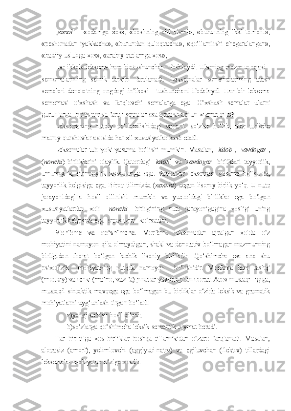 [ jamol ]   -   «odamga   xos»,   «boshning   old   qismi»,   «burunning   ikki   tomoni»,
«peshonadan   iyakkacha»,   «burundan   quloqqacha»,   «qo‘llanilishi   chegaralangan»,
«badiiy uslubga xos», «arabiy qatlamga xos»,  
Har ikkala leksema ham bir tushunchani ifodalaydi. Ularning mazmun rejasi -
sememalarining   semik   tarkibi   farqlanadi.   Leksemalar   sememalarining   atash
semalari   denotatning   ongdagi   in’ikosi   -   tushunchani   ifodalaydi.   Har   bir   leksema
sememasi   o‘xshash   va   farqlovchi   semalarga   ega.   O‘xshash   semalar   ularni
guruhlarga  birlashtirish farqli semalar esa ajratish uchun xizmat qiladi.
Leksemaning   nutqiy   qo‘llanilishidagi   varianti   so‘zlar   bo‘lib,   ular   turlicha
matniy qurshovlar asosida har xil xususiyatlar kasb etadi.
Leksemalar   tub   yoki   yasama   bo‘lishi   mumkin.   Masalan,   [ kitob ],   [ savdogar ],
( nonchi )   birliklarini   olaylik.   Qatordagi   [ kitob ]   va   [ savdogar ]   birliklari   tayyorlik,
umumiylik,   ijtimoiylik   xossalariga   ega.   Savdogar   leksemasi   yasama   bo‘lsa-da,
tayyorlik belgisiga ega. Biroq tilimizda ( nonchi ) degan lisoniy birlik yo‘q. U nutq
jarayonidagina   hosil   qilinishi   mumkin   va   yuqoridagi   birliklar   ega   bo‘lgan
xususiyatlardan   xoli.   [ nonchi ]   birligining   nutq   jarayonigagina   xosligi   uning
tayyorlik belgisiga ega  emasligini  ko‘rsatadi.
Morfema   va   qo‘shimcha .   Morfema   leksemadan   ajralgan   xolda   o‘z
mohiyatini namoyon qila olmaydigan, shakl va denotativ bo‘lmagan mazmunning
birligidan   iborat   bo‘lgan   kichik   lisoniy   birlikdir.   Qo‘shimcha   esa   ana   shu
psixofizik     mohiyatning   nutqda   namoyon     bo‘lishidir.   Morfema   ham   tashqi
(moddiy) va ichki (ma’no, vazifa) jihatlar yaxlitligidan iborat. Atov mustaqilligiga,
mustaqil   sintaktik  mavqega   ega   bo‘lmagan  bu   birliklar   o‘zida   leksik   va  gramatik
mohiyatlarni uyg‘unlash-tirgan bo‘ladi:
       a)yangi so‘zlar hosil qiladi;
       b)so‘zlarga qo‘shimcha leksik-semantik qiymat beradi.
Har   bir   tilga   xos   birliklar   boshqa   tillarnikidan   o‘zaro   farqlanadi.   Masalan,
aloqasiz   (amorf),   yelimlovchi   (agglyuti-nativ)   va   egiluvchan   (flektiv)   tillardagi
leksemalar mohiyatan o‘ziga xosdir. 