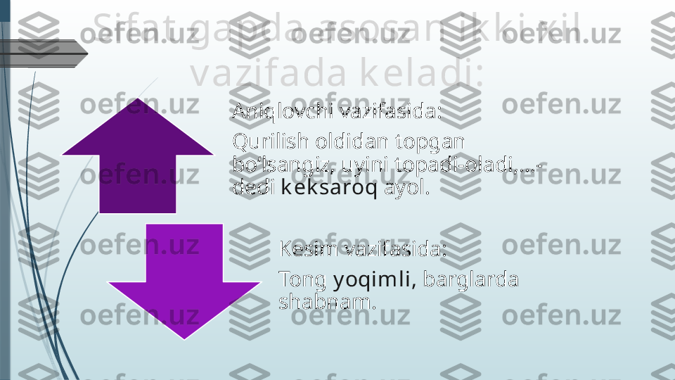 Aniqlovchi vazifasida:
Qurilish oldidan topgan 
bo‘lsangiz, uyini topadi-oladi,…-
dedi  k ek saroq  ayol.
Kesim vazifasida:
Tong  y oqimli,  barglarda 
shabnam.Sifat  gapda asosan ik k i xil 
v azifada k eladi:              