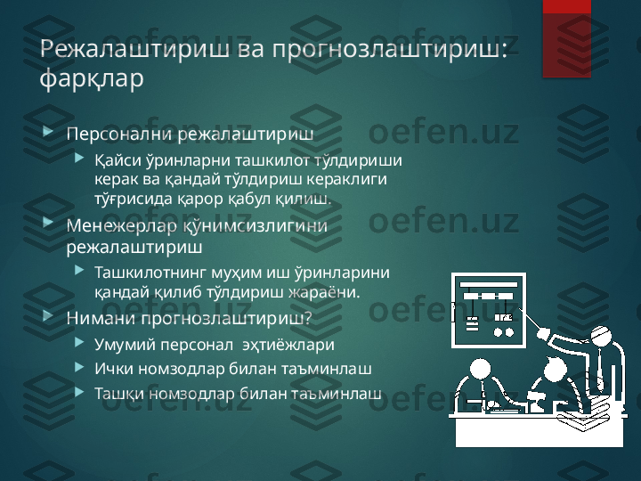 Режалаштириш ва прогнозлаштириш: 
фарқлар

Персонални режалаштириш

Қайси ўринларни ташкилот тўлдириши 
керак ва қандай тўлдириш кераклиги 
тўғрисида қарор қабул қилиш.

Менежерлар қўнимсизлигини 
режалаштириш

Ташкилотнинг муҳим иш ўринларини 
қандай қилиб тўлдириш жараёни.

Нимани прогнозлаштириш?

Умумий персонал  эҳтиёжлари 

Ички номзодлар билан таъминлаш

Ташқи номзодлар билан таъминлаш       