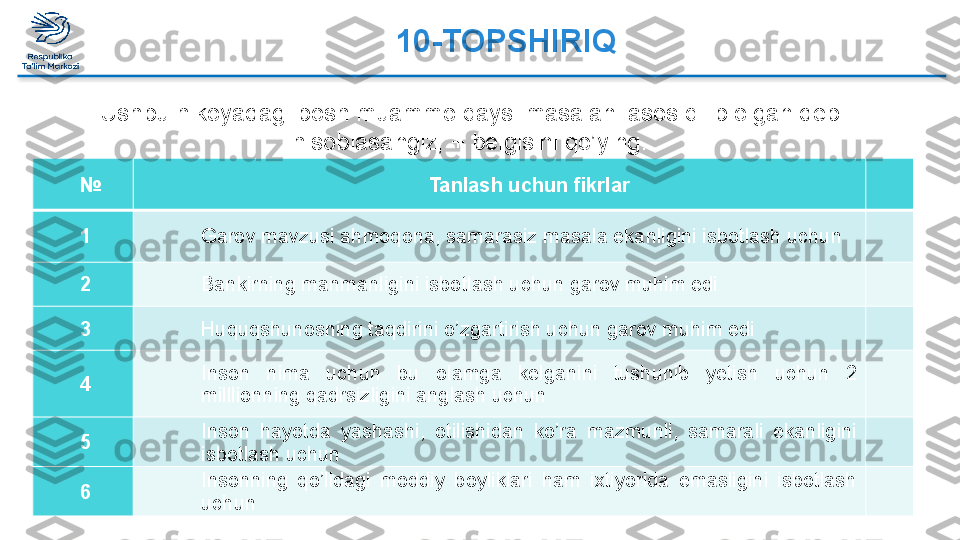 10-TOPSHIRIQ  
Ushbu hikoyadagi bosh muammo qaysi masalani asos qilib olgan deb 
hisoblasangiz, + belgisini qo’ying.
№   Tanlash uchun fikrlar +
1 Garov mavzusi ahmoqona, samarasiz masala ekanligini isbotlash uchun  
2 Bankirning manmanligini isbotlash uchun garov muhim edi  
3 Huquqshunosning taqdirini o’zgartirish uchun garov muhim edi  
4 Inson  nima  uchun  bu  olamga  kelganini  tushunib  yetish  uchun  2 
milllionning qadrsizligini anglash uchun  
5 Inson  hayotda  yashashi,  otilishidan  ko’ra  mazmunli,  samarali  ekanligini 
isbotlash uchun  
6 Insonning  qo’lidagi  moddiy  boyliklari  ham  ixtiyorida  emasligini  isbotlash 
uchun    