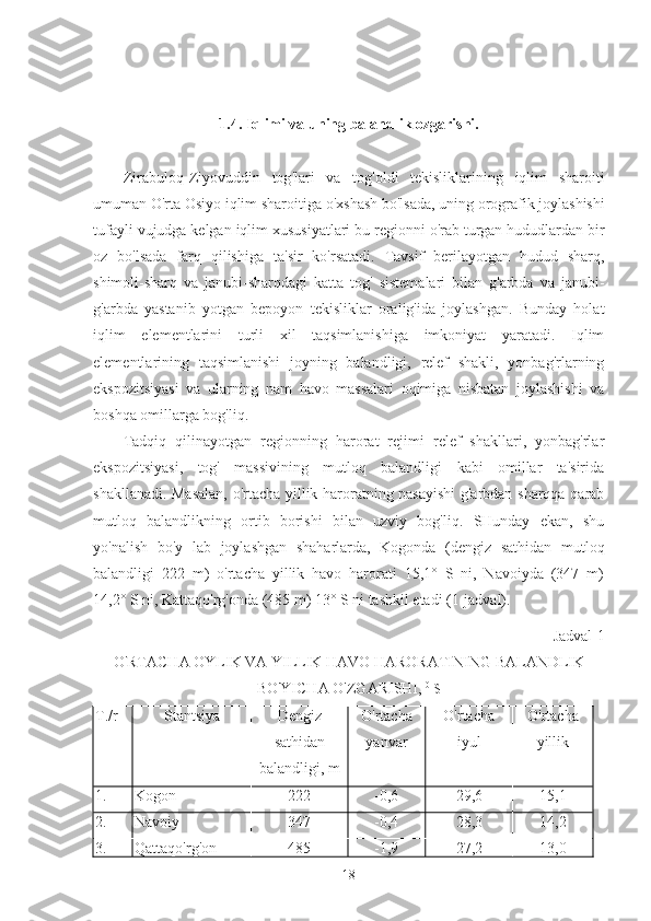 1.4. Iqlimi va uning balandlik ozgarishi.
Zirabuloq - Ziyovuddin   tog ' lari   va   tog ' oldi   tekisliklarining   iqlim   sharoiti
umuman   O ' rta   Osiyo   iqlim   sharoitiga   o ' xshash   bo ' lsada ,  uning   orografik   joylashishi
tufayli   vujudga   kelgan   iqlim   xususiyatlari   bu   regionni   o ' rab   turgan   hududlardan   bir
oz   bo ' lsada   farq   qilishiga   ta ' sir   ko ' rsatadi .   Tavsif   berilayotgan   hudud   sharq,
shimoli-sharq   va   janubi-sharqdagi   katta   tog'   sistemalari   bilan   g'arbda   va   janubi-
g'arbda   yastanib   yotgan   bepoyon   tekisliklar   oralig'ida   joylashgan.   Bunday   holat
iqlim   elementlarini   turli   xil   taqsimlanishiga   imkoniyat   yaratadi.   Iqlim
elementlarining   taqsimlanishi   joyning   balandligi,   relef   shakli,   yonbag'rlarning
ekspozitsiyasi   va   ularning   nam   havo   massalari   oqimiga   nisbatan   joylashishi   va
boshqa omillarga bog'liq.
Tadqiq   qilinayotgan   regionning   harorat   rejimi   relef   shakllari,   yonbag'rlar
ekspozitsiyasi,   tog'   massivining   mutloq   balandligi   kabi   omillar   ta'sirida
shakllanadi. Masalan, o'rtacha yillik haroratning pasayishi g'arbdan sharqqa qarab
mutloq   balandlikning   ortib   borishi   bilan   uzviy   bog'liq.   SHunday   ekan,   shu
yo'nalish   bo' у   lab   joylashgan   shaharlarda,   Kogonda   (dengiz   sathidan   mutloq
balandligi   222   m)   o'rtacha   yillik   havo   harorati   15,1°   S   ni,   Navoiyda   (347   m)
14,2° S ni, Kattaqo'rg'onda (485 m) 13° S ni tashkil etadi (1-jadval).
Jadval-1
O'RTACHA OYLIK VA YILLIK HAVO HARORATINING BALANDLIK
BO'YICHA O'ZGARISHI,  0
  S
T./r Stantsiya Dengiz
sathidan
balandligi, m O'rtacha
yanvar O'rtacha
iyul O'rtacha
yillik
1. Kogon 222 -0,6 29,6 15,1
2. Navoiy 347 -0,4 28,3 14,2
3. Qattaqo'rg'on 485 -1,9 27,2 13,0
18 