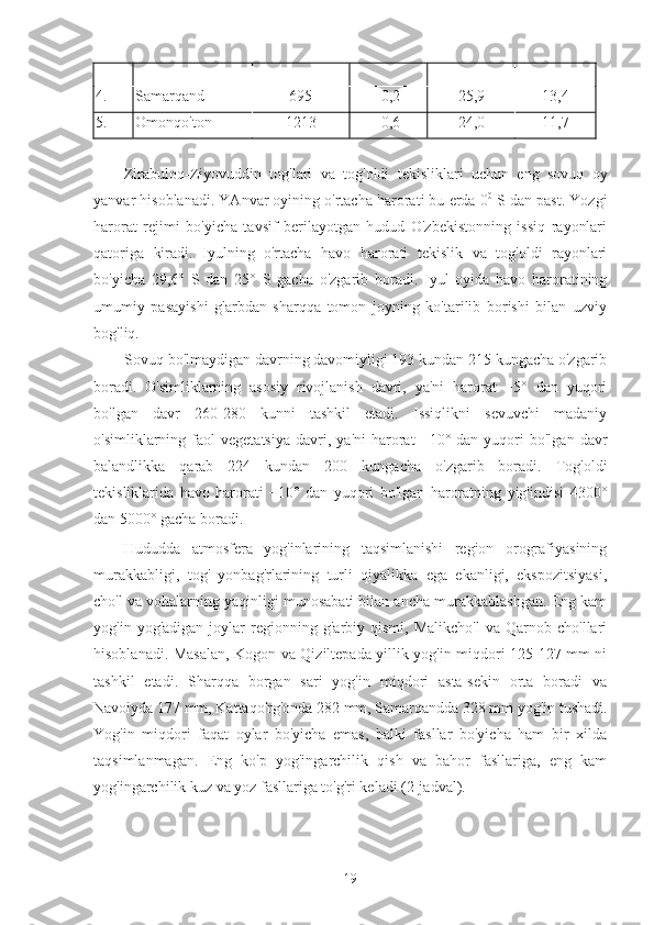 4. Samarqand 695 -0,2 25,9 13,4
5. Omonqo'ton 1213 -0,6 24,0 11,7
Zirabuloq - Ziyovuddin   tog ' lari   va   tog ' oldi   tekisliklari   uchun   eng   sovuq   oy
yanvar   hisoblanadi .  YAnvar oyining o'rtacha harorati bu erda 0 0
 S dan past. Yozgi
harorat   rejimi   bo'yicha   tavsif   berilayotgan   hudud   O'zbekistonning   issiq   rayonlari
qatoriga   kiradi.   Iyulning   o'rtacha   havo   harorati   tekislik   va   tog'oldi   rayonlari
bo'yicha   29,6°   S   dan   25°   S   gacha   o'zgarib   boradi.   Iyul   oyida   havo   haroratining
umumiy   pasayishi   g'arbdan   sharqqa   tomon   joyning   ko'tarilib   borishi   bilan   uzviy
bog'liq.
Sovuq bo'lmaydigan davrning davomiyligi 193 kundan 215 kungacha o'zgarib
boradi.   O'simliklarning   asosiy   rivojlanish   davri,   ya'ni   harorat   +5°   dan   yuqori
bo'lgan   davr   260-280   kunni   tashkil   etadi.   Issiqlikni   sevuvchi   madaniy
o'simliklarning  faol   vegetatsiya   davri,  ya'ni   harorat   +10°  dan   yuqori   bo'lgan   davr
balandlikka   qarab   224   kundan   200   kungacha   o'zgarib   boradi.   Tog'oldi
tekisliklarida   havo   harorati   +10°   dan   yuqori   bo'lgan   haroratning   yig'indisi   4300°
dan 5000° gacha boradi.
Hududda   atmosfera   yog'inlarining   taqsimlanishi   region   orografiyasining
murakkabligi,   tog'   yonbag'rlarining   turli   qiyalikka   ega   ekanligi,   ekspozitsiyasi,
cho'l va vohalarning yaqinligi munosabati bilan ancha murakkablashgan. Eng kam
yog'in  yog'adigan   joylar   regionning   g'arbiy  qismi,   Malikcho'l   va   Qarnob  cho'llari
hisoblanadi. Masalan, Kogon va Qiziltepada yillik yog'in miqdori 125-127 mm ni
tashkil   etadi.   Sharqqa   borgan   sari   yog'in   miqdori   asta-sekin   orta   boradi   va
Navoiyda 177 mm, Kattaqo'rg'onda 282 mm, Samarqandda 328 mm yog'in tushadi.
Yog'in   miqdori   faqat   oylar   bo'yicha   emas,   balki   fasllar   bo'yicha   ham   bir   xilda
taqsimlanmagan.   Eng   ko'p   yog'ingarchilik   qish   va   bahor   fasllariga,   eng   kam
yog'ingarchilik kuz va yoz fasllariga to'g'ri keladi (2-jadval).
19 