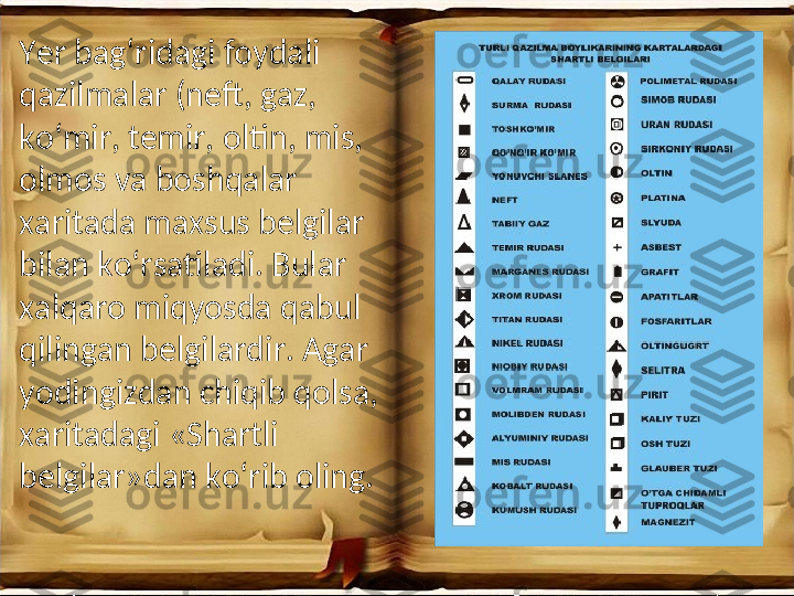 
•
Yer bag‘ridagi foydali 
qazilmalar (neft, gaz, 
ko‘mir, temir, oltin, mis, 
olmos va boshqalar 
xaritada maxsus belgilar 
bilan ko‘rsatiladi. Bular 
xalqaro miqyosda qabul 
qilingan belgilardir. Agar 
yodingizdan chiqib qolsa, 
xaritadagi «Shartli 
belgilar»dan ko‘rib oling.  