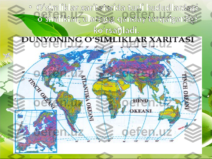 •
O‘simliklar xaritalarida turli hududlardagi 
o‘simliklar, ularning qanday tarqalganligi 
ko‘rsatiladi.  