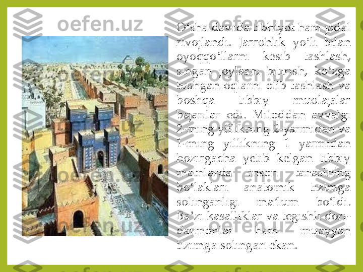 O	ʻsha	 davrda	 tibbiyot	 ham	 jadal	 	
rivojlandi	. 	Jarrohlik	 	yo	ʻli	 	bilan	 	
oyoqqo	ʻllarni	 	kesib	 	tashlash,	 	
singan	 	joylarni	 	bitirish,	 	ko	ʻzga	 	
tushgan	 oqlarni	 olib	 tashlash	 va	 	
boshqa	 	tibbiy	 	muolajalar	 	
bajarilar	 	edi	. 	Miloddan	 	avvalgi	 	
2	-ming	 yillikning	 2	-yarmidan	 va	 	
1	-ming	 	yillikning	 	1	 	yarmidan	 	
hozirgacha	 	yetib	 	kelgan	 	tibbiy	 	
matnlarda	 	inson	 	tanasining	 	
bo	ʻlaklari	 	anatomik	 	tizimga	 	
solinganligi	 	ma	ʼlum	 	bo	ʻldi	. 	
Ba	ʼzi	 kasalliklar	 va	 tegishli	 dori	-	
darmonlar	 	ham	 	muayyan	 	
tizimga	 solingan	 ekan	. 