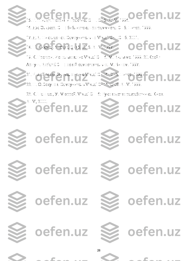 15. Г. Шилдт. Теория и практика С++. СПб. BHV. 1996.
16. Дж. Элджер. С++: библиотека программиста. СПб. Питер. 1999.
17. Д.В. Николаенко. Самоучитель по Visual C++.СПб. 2001.
18. П. Киммел. Borland C++5. СПб. BHV. 1997.
19. К. Грегори. Использование Visual C++6. М. Вильяме. 1999. 20.Крейг 
Арнуш. Borland C++: освой самостоятельно. М. Бином. 1997.
21. Р. Лейнекер. Энциклопедия Visual C++6. СПб. Питер. 1999.
22. Н.Ю.Секунов. Самоучитель Visual C++6. СПб. BHV. 1999.
23. К. Паппас., У. Мюррей. Visual C++6: Руководство разработчика. Киев. 
BHV, 2000.
28 