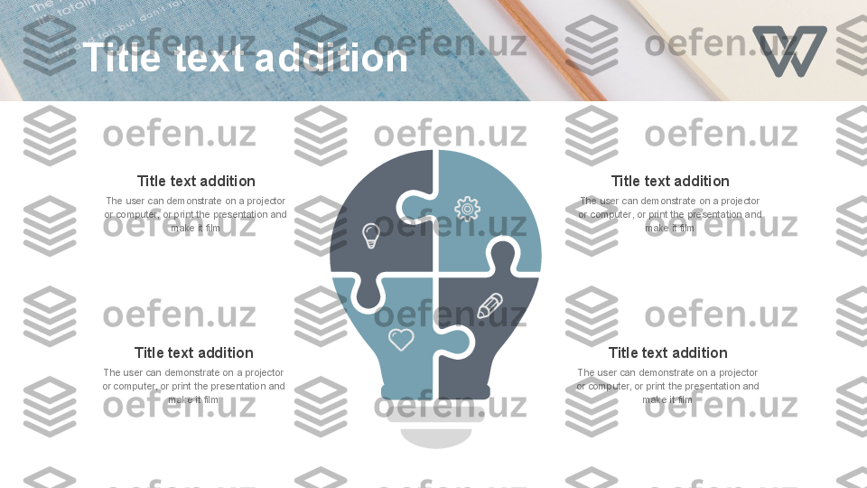 Title text addition
The user can demonstrate on a projector 
or computer, or print the presentation and 
make it film
Title text addition
The user can demonstrate on a projector 
or computer, or print the presentation and 
make it filmTitle text addition
The user can demonstrate on a projector 
or computer, or print the presentation and 
make it film
Title text addition
The user can demonstrate on a projector 
or computer, or print the presentation and 
make it filmTitle text addition 