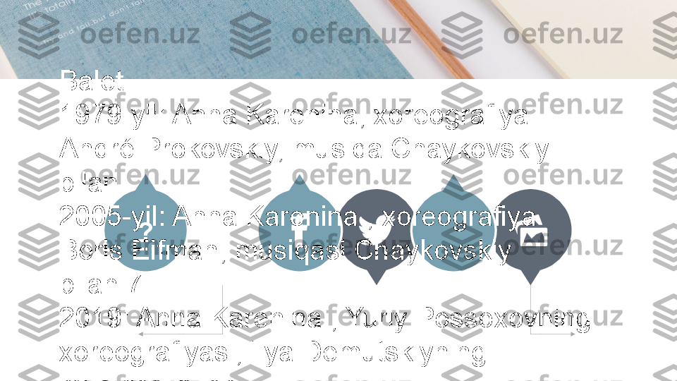 ?Balet
1979-yil: Anna Karenina, xoreografiya 
André Prokovskiy, musiqa Chaykovskiy 
bilan
2005-yil: Anna Karenina , xoreografiya 
Boris Eifman, musiqasi Chaykovskiy 
bilan[7]
2019: Anna Karenina , Yuriy Possoxovning 
xoreografiyasi, Ilya Demutskiyning 
musiqasi bilan 