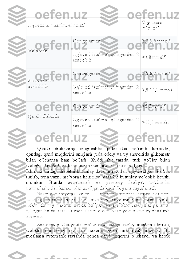 Qandli   diabetning   diagnostika   jadvalidan   ko’rinib   turibdiki,
qondagi qand   miqdorini   aniqlash   juda   oddiy   va   uy   sharoitida   glikometr
bilan   o ’ lchansa   ham   bo ’ ladi .   Xuddi   shu   tarzda,   turli   yo’llar   bilan
diabetni davolash va baholash mezonlarini ishlab chiqilgan.
Ikkinchi turdagi diabetni butunlay davolash hollari qayd etilgan. Parhez
tutilib, tana vazni me’yorga keltirilsa, kasallik butunlay yo’qolib ketishi
mumkin.   Bunda   ovqatlanish   va   jismoniy   faoliyat   tartiblarini
normallashtirish kerak. Ular buzilganda kasallik yana qaytalanadi.
Rasmiy   tibbiyotga   ko’ra   —   diabetni   birinchi   hamda   ikkinchi
turining   chidamli   shakllarini   butunlay   davolashning   imkoni   yo’q.
Lekin   doimiy   nazorat   ostida   bo’lgan   va   shifokor   tavsiyalariga   amal
qilingan holda kasallik asoratlarini oldini olish yoki butunlay cheklash
mumkin.
Zamonaviy   tibbiyotda   me’da   osti   beziga   sun’iy   moslama   kiritib,
diabetni   muntazam   ravishda   nazorat   qilish   imkoniyati   mavjud.   Bu
moslama   avtomatik   ravishda   qonda   qand   miqorini   o’lchaydi   va   kerak Uglevod almashinuvi holati Glyukoza
miqdori
Me’yorda Och qolganda 3,3-5,5 mmol/l
Uglevod   iste’mol   qilingandan   2
soat o’tib <7,8 mmol/l
Sezuvchanlik
buzlishida Och qolganda 5,5-6,7 mmol/l
Uglevod   iste’mol   qilingandan   2
soat o’tib 7,8-11,1 mmol/l
Qandli diabetda Och qolganda >6,7 mmol/l
Uglevod   iste’mol   qilingandan   2
soat o’tib >11,1 mmol/l 