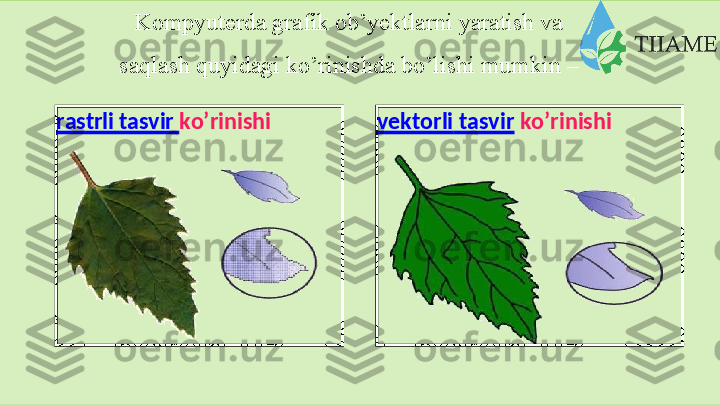 Kompyuterda grafik ob’yektlarni yaratish va  
saqlash   quyidagi   ko’rinishda   bo’lishi   mumkin   –
rastrli tasvir  ko’rinishi vektorli   tasvir   ko’rinishi  