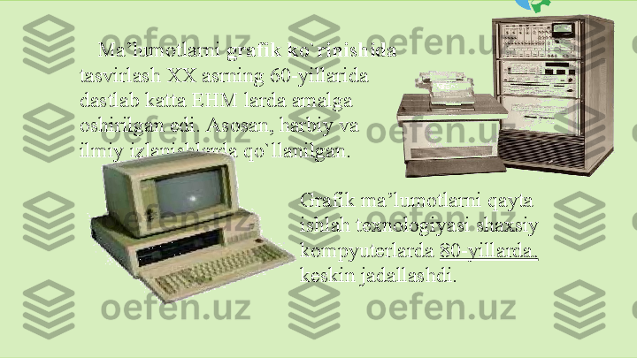 Ma’lumotlarni  grafik ko`rinishida
tasvirlash ХХ asrning 60-yillarida  
dastlab katta EHM larda amalga  
oshirilgan edi. Asosan, harbiy va  
ilmiy   izlanishlarda   qo`llanilgan.
Grafik   ma’lumotlarni   qayta  
ishlah   texnologiyasi shaxsiy  
kompyuterlarda  80-yillarda,  
keskin   jadallashdi.  