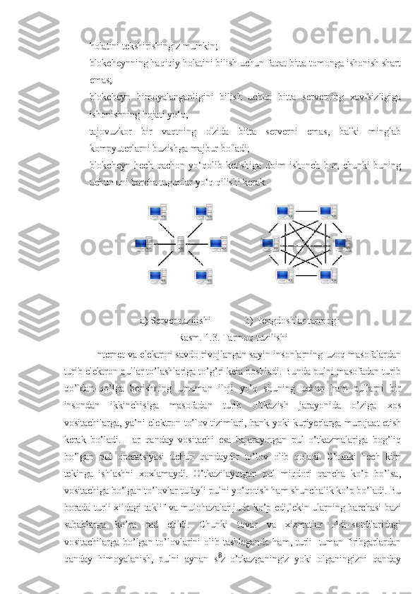 holatini tekshirishingiz mumkin;
 blokcheynning haqiqiy holatini bilish uchun faqat bitta tomonga ishonish shart
emas;
 blokcheyn   himoyalanganligini   bilish   uchun   bitta   serverning   xavfsizligiga
ishonishning hojati yo‘q;
 tajovuzkor   bir   vaqtning   o'zida   bitta   serverni   emas,   balki   minglab
kompyuterlarni buzishga majbur bo'ladi;
 blokcheyn   hech   qachon   yo‘qolib   ketishiga   doim   ishonch   bor,   chunki   buning
uchun uni barcha tugunlar yo‘q qilishi kerak.
                               a) Server tuzilishi              b) Tengdoshlar tarmog'i
Rasm.  1 .3. Tarmoq tuzilishi
Internet va elektron savdo rivojlangan sayin insonlarning uzoq masofalardan
turib elektron pullar to’lashlariga to’g’ri kela boshladi. Bunda pulni masofadan turib
qo’ldan–qo’lga   berishning   umuman   iloji   yo’q   shuning   uchun   ham   pullarni   bir
insondan   ikkinchisiga   masofadan   turib   o’tkazish   jarayonida   o’ziga   xos
vositachilarga, ya’ni elektron to’lov tizimlari, bank yoki kuriyerlarga murojaat etish
kerak   bo’ladi.   Har   qanday   vositachi   esa   bajarayotgan   pul   o’tkazmalariga   bog’liq
bo’lgan   pul   operatsiyasi   uchun   qandaydir   to’lov   olib   qoladi.   Chunki   hech   kim
tekinga   ishlashni   xoxlamaydi.   O’tkazilayotgan   pul   miqdori   qancha   ko’p   bo’lsa,
vositachiga bo’lgan to’lovlar tufayli pulni yo’qotish ham shunchalik ko’p bo’ladi. Bu
borada turli xildagi taklif va mulohazalar juda ko’p edi,lekin ularning barchasi bazi
sabablarga   ko’ra   rad   etildi.   Chunki   tovar   va   xizmatlar   oldi–sotdilaridagi
vositachilarga bo’lgan to’lovlarini olib tashlaganda ham, turli- tuman firibgarlardan
qanday   himoyalanish,   pulni   aynan   siz   o’tkazganingiz   yoki   olganingizni   qanday 8 