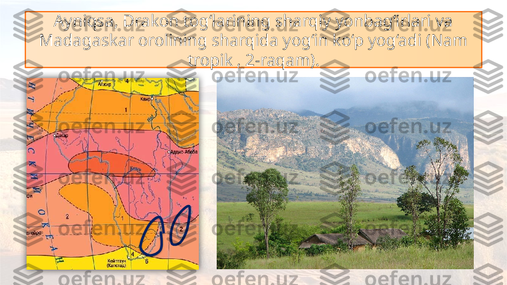 Ayniqsa, Drakon tog‘larining sharqiy yonbag‘irlari va 
Madagaskar orolining sharqida yog‘in ko‘p yog‘adi (Nam 
tropik , 2-raqam).   