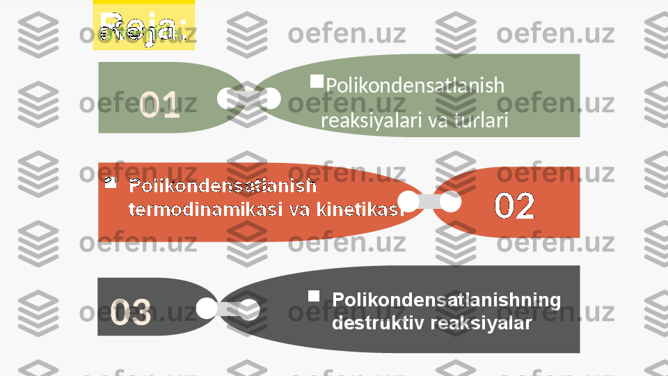 Enter title
01
02
03 
Polikondensatlanish 
reaksiyalari va turlariReja:

Polikondensatlanish 
termodinamikasi  va kinetikasi

Polikondensatlanishning 
destruktiv reaksiyalar 