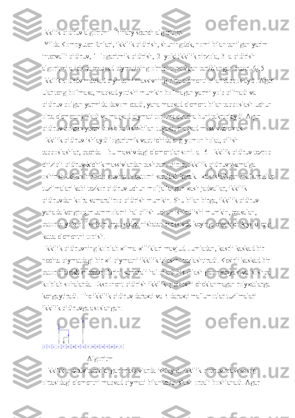 Ikkilik qidiruv algoritmi - Binary search algorithm
 Yilda Kompyuter fanlari, ikkilik qidirish, shuningdek, nomi bilan tanilgan yarim 
intervalli qidiruv,[1] logaritmik qidirish,[2] yoki ikkilik pirzola,[3] a qidirish 
algoritmi a ichida maqsad qiymatining o'rnini topadigan tartiblangan qator.[4][5] 
Ikkilik qidiruv maqsad qiymatini massivning o'rta elementi bilan taqqoslaydi. Agar
ular teng bo'lmasa, maqsad yotishi mumkin bo'lmagan yarmi yo'q qilinadi va 
qidiruv qolgan yarmida davom etadi, yana maqsad element bilan taqqoslash uchun 
o'rta elementni oladi va maqsad qiymati topilmaguncha buni takrorlaydi. Agar 
qidiruv qolgan yarmi bo'sh bo'lishi bilan tugasa, maqsad massivda emas.
 Ikkilik qidiruv ishlaydi logaritmik vaqt ichida eng yomon holat, qilish  
taqqoslashlar, qaerda  - bu massivdagi elementlar soni.[a][6] Ikkilik qidiruv tezroq 
chiziqli qidiruv kichik massivlardan tashqari. Biroq, ikkilik qidiruvni amalga 
oshirish uchun birinchi navbatda qatorni saralash kerak. Ixtisoslashgan ma'lumotlar
tuzilmalari kabi tezkor qidiruv uchun mo'ljallangan xash jadvallar, ikkilik 
qidiruvdan ko'ra samaraliroq qidirish mumkin. Shu bilan birga, ikkilik qidiruv 
yanada kengroq muammolarni hal qilish uchun ishlatilishi mumkin, masalan, 
qatorda yo'q bo'lsa ham, maqsadga nisbatan massivda keyingi eng kichik yoki eng 
katta elementni topish.
 Ikkilik qidiruvning ko'plab xilma-xilliklari mavjud. Jumladan, kasrli kaskad bir 
nechta qiymatdagi bir xil qiymatni ikkilik izlashni tezlashtiradi. Kesirli kaskad bir 
qator qidirish muammolarini samarali hal qiladi hisoblash geometriyasi va boshqa 
ko'plab sohalarda. Eksponent qidirish ikkilik qidiruvni cheklanmagan ro'yxatlarga 
kengaytiradi. The ikkilik qidiruv daraxti va B daraxti ma'lumotlar tuzilmalari 
ikkilik qidiruvga asoslangan.
                          Algoritm
  Ikkilik qidiruv tartiblangan massivlarda ishlaydi. Ikkilik qidiruv massivning 
o'rtasidagi elementni maqsad qiymati bilan taqqoslash orqali boshlanadi. Agar  