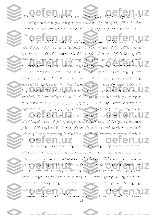 46,7   sm,   1-sentabr   sanada   69,8   sm   bo‘lgan   bulsa   30t/ga   me’yorda   go‘ng
qo‘llanilgan   variantda   yuqoridagiga   mos   ravishda   13,5;   28,0;   73,1;   85,6,   30   t/ga
kompost   qo‘llanilgan   variantda   tegishlicha   13,9;   28,8;   73,6;   86,0   sm   bo‘ldi   (10-
jadval).
Mineral   o‘g‘itlar   organik   o‘g‘itlarga   nisbatan   g‘o‘za   asosiy   poyasi
balandligiga   ko‘chliroq   ta’sir   ko‘rsatdi.   Demak,   mineral   o‘g‘it   qo‘llanilganda
g‘o‘zaning   oziqlanishi   ancha   muqobil   boradi.   Organik   o‘g‘itlardan   ajralib
chiqadigan   oziq   moddalar   g‘o‘zaning   oziqlanishi   va   o‘sishi   uchun   yetarli
bo‘lmasligi   ma’lum   bo‘ldi.   Mineral   o‘g‘itlar   bilan   organik   o‘g‘itlarni   birgalikda
qo‘llash   natijasida   g‘o‘za   oziqlanishi   optimallashib   o‘sishi   eng   yuqori
ko‘rsatkichga ega bo‘ldi. Mineral va organik o‘g‘itlarning birgalikdagi ta’siri  eng
samarali  bo‘ldi. Masalan, N
250   P
175   K
125   variantida g‘o‘za asosiy poyasi  balandligi
1-iyun   sanada   16,4   sm,   1-iyul   sanada   33,3   sm,   1-avgust   sanada   82,5   sm,   1-
sentabrda   92,2   sm   bo‘lgan   bo‘lsa,   NPK+30   t/ga   go‘ng     variantida   yuqoridagiga
mos   ravishda   20,2;   39,2;   90,0;   104,3;   sm,   NPK+30   t/ga   kompost   variantida
tegishlicha 20,3; 40,1; 91,0; 105,3 smni tashkil etdi (9-jadval).  Demak,   organik   va
mineral   chiqindilardan   tayyorlangan   kompost   g‘o‘za   asosiy   poyasi   balandligiga
ta’siri buyicha qoramol go‘ngi darajasida ta’sir ko‘rsatadi. G‘o‘za iyul oyida ancha
jadal   o‘sishi   qayd   etildi.   Demak,   g‘o‘za   o‘sishini   optimal   darajada   ta’minlash
uchun iyul oyida tuproqdagi harakatchan oziq moddalar miqdori optimal darajada
bo‘lishi kerak. 
G‘o‘zaning   o‘sishi   bilan   birga   bitta   o‘simlikdagi   barglar   soni   ham   muhim
ko‘rsatkich hisoblanadi. Chunki fotosintez jarayoni, ya’ni organik va quruq modda
hosil bo‘lishi barglar soni va yuzasiga bog‘liq bo‘ladi. O‘g‘itlar qo‘llanilmaganda
g‘o‘za   ta’biy   oziq   moddalar   bilan   oziqlanib   o‘sganda   barglar   soni   ancha   kam
bo‘lishi   aniqlandi.   Shunday   bulsada   iyul   oyida   barglar   soni   sekin   shakllandi.
Organik   o‘g‘itlar   jumladan   30   t/ga   me’yorda   qoramol   go‘ngi   va   organomineral
chiqindilardan   tayyorlangan   kompost   qo‘llanilganda   bitta   g‘o‘za   o‘simligidagi
barg   soni   sezilarli   ortdi.   Demak   organik   o‘g‘itlar   qo‘llanilganda   tuproqda   oziq
moddalar   miqdorini   ortishi   g‘o‘zada   barg   hosil   bo‘lishiga   ijobiy  ta’sir   ko‘rsatadi.
55 