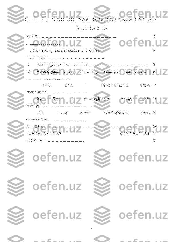 CHET EL PSIXOLOGIYASIDA SHAXS NAZARIYALARI
MUNDARIJA
KIRISH………………………………………………...
…................................ 3
I BOB. Psixologiyada shaxs tushunchasi va 
muommolari……………………………………. 5
1.1 Psixologiyada shaxs muommosi………………………….…....……… 5
1.2   Psixologiyada   shaxsni   o rganishga   qaratilgan   nazariyalar…...ʻ
……………....…................ 9
II   BOB.   Chet   el   psixologiyasida   shaxs
nazariyalari ………………………... 14
  2.1   Chet   el   psixologiyasida   shaxsga   doir
nazariyalar................................................    14
  2.2   Hozirgi   zamon   psixologiyasida   shaxs
muommolari....................................... 24
XULOSA............................................................................................. ...... 28
FOYDALANILGAN   ADABIYOTLAR
RO’YHATI……………… ………. 2
9
1 