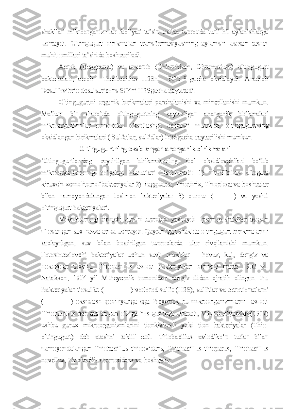 shakllari   mikroorganizmlar   faoliyati   ta’siri   ostida   tuproqda   turli   hil   aylanishlarga
uchraydi.   Oltingugurt   birikmalari   transformasiyasining   aylanishi   asosan   tashqi
muhit omillari ta’sirida boshqariladi.
Aerob   (Beggcatoa)   va   anaerob   (Chlorobium,   Chromatium)   oltingugurt
bakterialari,   aerob     Thcobacitfus   H2Sni     SO2¯²   gacha   oksidlaydi.   Anaerob
Desulfovibrio desulsuricons SO4ni H2Sgacha qaytaradi.
Oltingugurtni   organik   birikmalari   parchalanishi   va   minerllanishi   mumkun.
Ma’lum   bir   sharoitda   oltingugurtning   qaytarilgan   anarganik   birikmalari
mikroorganizmlar   tomonidan   oksidlashga   uchrashi   mumkun,   oltingugurtning
oksidlangan birikmalari ( Sulfatlar, sulfidlar) H2Sgacha qaytarilishi mumkun.
Oltingugurtning oksidlangan anorganik birikmalari
Oltingugurtlarning   qaytirilgan   birikmalarning   faol   oksidlovchilari   bo‘lib
mikroorganizmning   qo‘ydagi   huquqlari   hisoblanadi:   1)   Thioffcillus   aflogura
kiruvchi xemolitotrof bakteriyalar 2) Bagguatoa, Thiothrix, Thioploca va boshqalar
bilan   namoyondalangan   ipsimon   bakteriyalar   3)   purpur   (---------)   va   yashil
oltingugurt bakteriyalari.
Mikroblarning   birinchi   guruhi   tuproqda   yashaydi.   Ipsimon   shakllari   asosan
ifloslangan suv havzalarida uchraydi. Qaytarilgan shaklda oltingugurt birikmalarini
saqlaydigan,   suv   bilan   bostirilgan   tuproqlarda   ular   rivojlanishi   mumkun.
Fotosintezlovchi   bakteriyalar   uchun   suvli   muxitlar   –   hovuz,   kul,   dengiz   va
hokozolar   tavsifli.   Thiobacillus   avlodi   bakteriyalari   birinchi   marta   1902   yil
Natakson,   1904   yil   M.Beyernik   tomonidan   dengiz   ilidan   ajratib   olingan.   Bu
Bakteriyalar tiosulfat (------------) vodorod sulfit ( H2S ), sulfitlar va tetrotionatlarni
(------------)   oksidlash   qobiliyatiga   ega.   Beyernik   bu   mikroorganizmlarni     avlodi
Thiobacillus   deb   ataladigan   o‘ziga   hos   guruhga   ajratadi,   V.L.Omelyanskiy(1907)
ushbu   gurux   mikroorganizmlarini   tionkislotali   yoki   tion   bakteriyalar   (Thio-
oltingugurt)   deb   atashni   taklif   etdi.   Thiobacillus   avlodiko‘p   turlar   bilan
namoyondalangan   Thiobacillus   thiooxidans,   Thiobacillus   thioparus,   Thiobacillus
novellus, Thiobacillus terroxidans va boshqalar. 