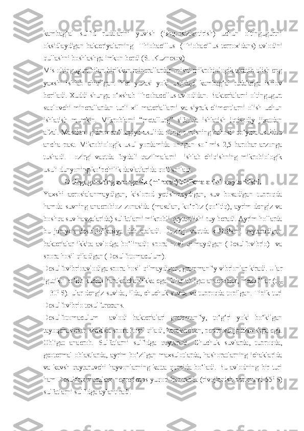 kambag‘al   sulfid   rudalarini   yuvish   (ishqorsizlantirish)   uchun   oltingugurtni
oksidlaydigan   bakteriyalarning     Thiobacillus     (Thiobacillus   terroxidans)   avlodini
qullashni boshlashga imkon berdi (S.I.Kuznesov)
Mis oltingugurt bilan birikkan minerallardan misni mikrobiologik ajratib olish eng
yaxshi   ishlab   chiqilgan.   Yer   yuzasi   yoki   ostidagi   kambag‘al   rudalarga   ishlov
beriladi. Xuddi  shunga  o‘xshab Thcobacellus avlodidan. Bakterialarni oltingugurt
saqlovchi   minerallardan   turli   xil   materiallarni   va   siyrak   elimentlarni   olish   uchun
ishlatish   mumkin.   Mikroblarni   “metallurg”   sifatida   ishlatish   iqtisodiy   jixatdan
afzal. Masalan: gidrometallurgiya usulida olingin misning bahosi  qo‘yma usuldan
ancha   past.   Mikrobiologik   usul   yordamida   olingan   sof   mis   2,5   barobar   arzonga
tushadi.   Hozirgi   vaqtda   foydali   qazilmalarni     ishlab   chiqishning   mikrobiologik
usuli dunyoning ko‘pchilik davlatlarida qo‘llaniladi.
Oltingugurtning anorganik (mineral) birikmalarini  qaytarilishi.
Yaxshi   aerosialanmaydigan,   kislorod   yetishmaydigan,   suv   bosadigan   tuproqda
hamda   suvning   anaerobioz   zonasida   (masalan,   ko‘rfoz   (qo‘ltiq),   ayrim   dengiz   va
boshqa suv havzalarida) sulfatlarni mikrobli qaytarilishi ruy beradi. Ayrim hollarda
bu   jarayon   desulfofikasiya   deb   ataladi.   Hozirgi   vaqtda   sulfatlarni   qaytaradigan
bakterialar   ikkita   avlodga   bo‘linadi:   spora   hosil   qilmaydigan   (Desulfovibrio)     va
spora hosil qiladigan (Desulfotomaculum).
Desulfovibrioavlodiga spora hosil qilmaydigan, grammanfiy vibrionlar kiradi. Ular
jgutikli bo‘lib kuchli harakatchanlikka ega. Ular abligat anaeroblar, mezofillar (t
opt
= 30 0  
S). ular dengiz suvida, ilda, chuchuk suvda va tuproqda topilgan. Tipik turi
Desulfovibrio tesulfurecans.
Desulfotomaculum     avlodi   bakterialari   grammanfiy,   to‘g‘ri   yoki   bo‘kilgan
tayoqchasimon shaklda spora hosil qiladi, harakatchan, peritrixal jgutlanishga ega.
Obligat   anaerob.   Sulfatlarni   sulfidga   qaytaradi.   Chuchuk   suvlarda,   tuproqda,
geotermal oblastlarda, ayrim bo‘zilgan maxsulotlarda, hashoratlarning ichaklarida
va   kavsh   qaytaruvchi   hayvonlarning   katta   qornida   bo‘ladi.   Bu   avlodning   bir   turi
ham Desulfotomaculum negreficans yuqori haroratda (rivojlanish optimumi 55 0  
S)
sulfatlarni sulfidga aylantiradi. 