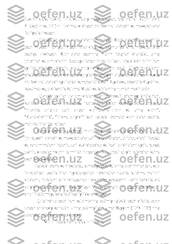 buxorolik   aka   Buxor,   To`la   va   Gadoy   masxarabozlar,   farg`onalik   Hsufjon   qiziq
SHakarjonov,   Orifjon   Toshmatov   singari   professional   qiziqchi   va   masxarabozlar
faoliyat ko`rsatgan.
                     Qiziqchilar orasida xotin-qizlar ham bo`lgan. Xotin-qizlarning qiziqchilik
teatri   mustaqil   faoliyat   hritgan.   Ular   shakl   va   mazmuniga   ko`ra   masxarabozlar
teatriga   o`xshagan.   Xotin-qizlar   teatrining   muhim   belgilari   shundaki,   uning
ijrochilari  va tomoshabini  faqat  ayollardan iborat  bo`lgan. Erkak  kishi  rolini  ham
ayollar   erkakcha   kiyinib,   soqol-mo`ylov   yasab   ijro   etadi.   O`z   tomoshalarini
erkaklardan uzoqroq, chetroq, pana joylarda namoyish qilganlar. Xalqimiz  orasida
professional qiziqchi ayollardan samarqandlik Zulfi Suydieva, pskentlik Kuydiniso
Rasulmatova, toshkentlik Salomat Mutalova kabilarning nomlari mashhurdir.
                Qiziqchi   ayollar   o`z   tomoshalarida   zolim,   bevafo   erlarning   kirdikorlari,
kundoshlik   azobi,   sof   muhabbat   haqida   tomoshalar   ko`rsatganlar.   Jumladan,
“Bozorda   to`lg`oq   tutib   qolgan   xotin”,   ”CHo`pon   va   uning   xotini”,
“Kundoshchilik”,   “O`sma   qo`yish”   kabi   og`zaki   dramalar   xotin-qizlar   teatrida
mahorat bilan ijro etilgan.
           Og`zaki dramatik asarlar yo monolog, yo dialog shaklida yaratiladi. Ularni
ijro etuvchi qiziqchi va masxarabozlar turli ovoz ohanglari, qiliqlar, shartli harakat
va pantomimalarni   bajarib,  turli   xushchaqchaq  va  hazil   qo`shiqlarni   aytib, raqsga
tushib,   voqealar   rivojini   ta`minlab   borganlar.   SHu   orqali   ajoyib   ta`sirchan   sahna
asari hzaga kelgan.
         Og`zaki drama va p`esalarda, komediyalarda xalqning qochirimlaridan, xalq
iboralaridan   ustalik   bilan   foydalanganlar.   Personajlar   nutqida   ko`chma   ma`noli
so`zlarni,   iboralarni   ko`p   ishlatganlar.   Personajlar   xarakterini     ochib   berishda   zid
qo`yish san`atidan unumli foydalanilgan. Voqealarning bo`lib o`tgan o`rni va vaqti
aniq ifodalanmay, keng badihago`ylikka erishilgan.
                Qo`g`irchoq   teatri   ham   xalqimizning   qadimiy   og`zaki   teatri   sifatida   qaror
topgan an`anaviy san`atdir. Uning qadimiyligini Umar Xayyom (1048-1123) ning
tubandagi ruboiysi ham tasdiqlaydi:
             Mo lo``batakonemu falak lo``batboz,  