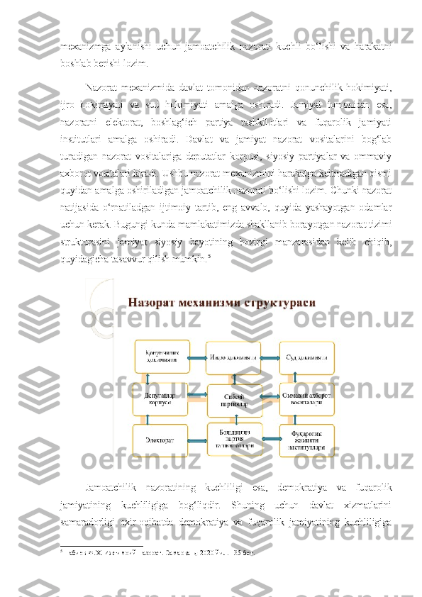 mexanizmga   aylanishi   uchun   jamoatchilik   nazorati   kuchli   bo‘lishi   va   harakatni
boshlab berishi lozim.
Nazorat   mexanizmida   davlat   tomonidan   nazoratni   qonunchilik   hokimiyati,
ijro   hokimiyati   va   sud   hokimiyati   amalga   oshiradi.   Jamiyat   tomonidan   esa,
nazoratni   elektorat,   boshlag‘ich   partiya   tashkilotlari   va   fuqarolik   jamiyati
institutlari   amalga   oshiradi.   Davlat   va   jamiyat   nazorat   vositalarini   bog‘lab
turadigan   nazorat   vositalariga   deputatlar   korpusi,   siyosiy   partiyalar   va   ommaviy
axborot vositalari kiradi. Ushbu nazorat mexanizmini harakatga keltiradigan qismi
quyidan amalga oshiriladigan jamoatchilik nazorati bo‘lishi lozim. Chunki nazorat
natijasida   o‘rnatiladgan   ijtimoiy   tartib,   eng   avvalo,   quyida   yashayotgan   odamlar
uchun kerak. Bugungi kunda mamlakatimizda shakllanib borayotgan nazorat tizimi
strukturasini   jamiyat   siyosiy   hayotining   hozirgi   manzarasidan   kelib   chiqib,
quyidagicha tasavvur qilish mumkin. 5
Jamoatchilik   nazoratining   kuchliligi   esa,   demokratiya   va   fuqarolik
jamiyatining   kuchliligiga   bog‘liqdir.   Shuning   uchun   davlat   xizmatlarini
samaradorligi   oxir-oqibatda   demokratiya   va   fuqarolik   jamiyatining   kuchliligiga
5
  Набиев Ф.Х. Ижтимоий назорат. Самарқанд 2020 йил. 135-бет. 