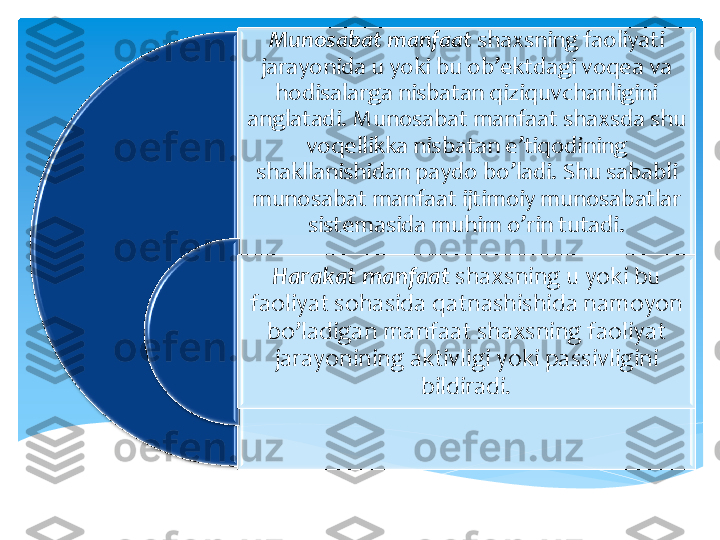 Munosabat	 manfaat	 shaxsning	 faoliyati	 	
jarayonida	 u 	yoki	 bu	 ob’ektdagi	 voqea	 va	 	
hodisalarga	 nisbatan	 qiziquvchanligini	 	
anglatadi	. 	Munosabat	 manfaat	 shaxsda	 shu	 	
voqellikka	 nisbatan	 e’tiqodining	 	
shakllanishidan	 paydo	 bo’ladi	. 	Shu	 sababli	 	
munosabat	 manfaat	 ijtimoiy	 munosabatlar	 	
sistemasida	 muhim	 o’rin	 tutadi	. 	 	
Harakat	 manfaat	 shaxsning	 u 	yoki	 bu	 	
faoliyat	 sohasida	 qatnashishida	 namoyon	 	
bo’ladigan	 manfaat	 shaxsning	 faoliyat	 	
jarayonining	 aktivligi	 yoki	 passivligini	 	
bildiradi	. 	  