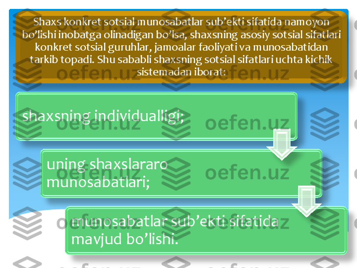 shaxsning	 individualligi	; 	
uning	 shaxslararo	 	
munosabatlari	; 	
munosabatlar	 sub’ekti	 sifatida	 	
mavjud	 bo’lishi	. 	
Shaxs konkret sotsial munosabatlar sub’ekti sifatida namoyon 	
bo’lishi inobatga olinadigan bo’lsa, shaxsning asosiy sotsial sifatlari 	
konkret sotsial guruhlar, jamoalar faoliyati va munosabatidan 
tarkib topadi. Shu sababli shaxsning sotsial sifatlari uchta kichik 	
sistemadan iborat:	  